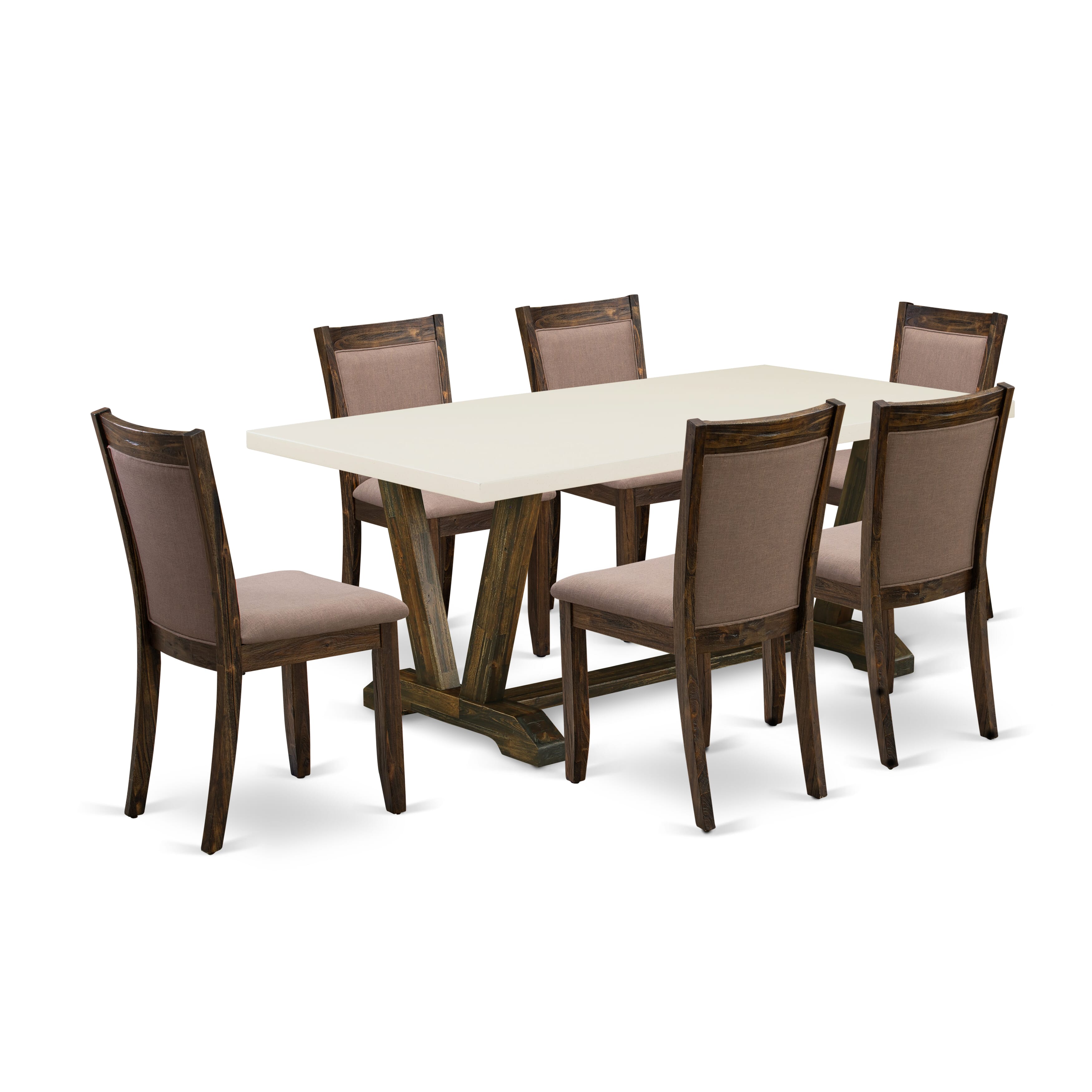 East West Furniture V727MZ748-7 7 Piece Mid Century Modern Dining Set - A linen white Top Kitchen Table with Trestle Base and 6 Coffee Linen Fabric Dinning Chairs - Distressed Jacobean Finish