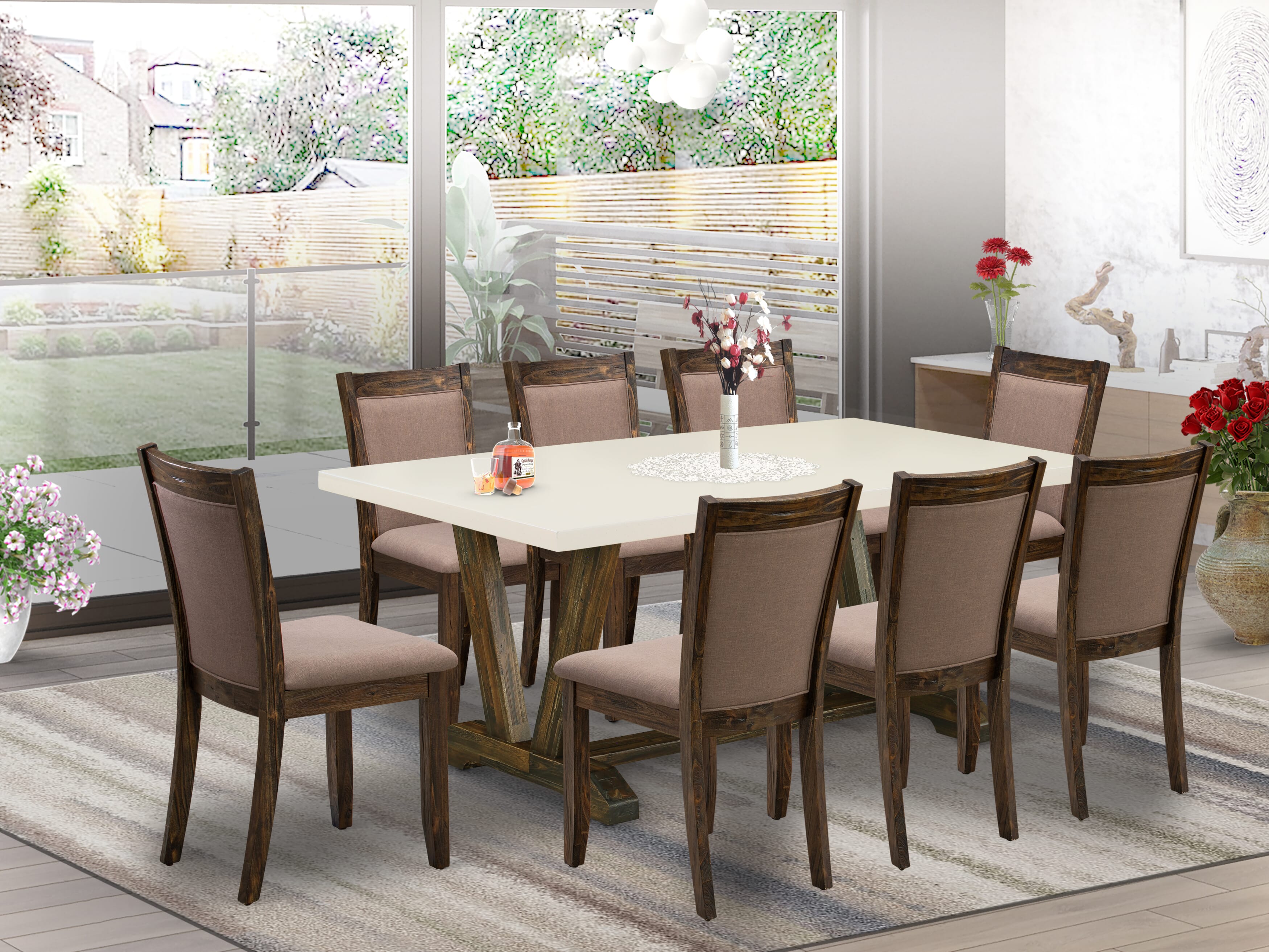 East West Furniture V727MZ748-9 9 Piece Dinette Set - A linen white Top Dining Table with Trestle Base and 8 Coffee Linen Fabric Modern Dining Chairs - Distressed Jacobean Finish