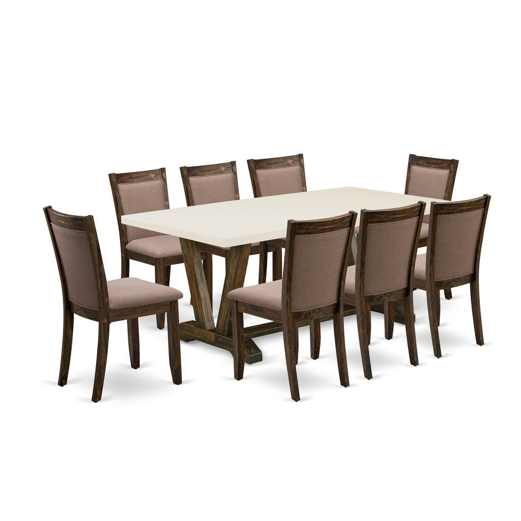 Juego de comedor de 9 piezas East West Furniture V727MZ748-9. Incluye una mesa de comedor rectangular con patas en V y 8 sillas Parsons de tela de lino color café.