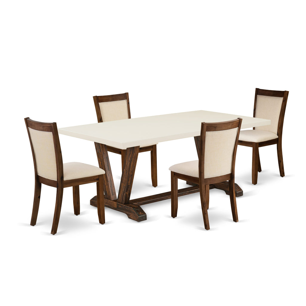 EAST WEST FURNITURE - V727MZN32-5 - 5-Pieces Dining Room Table Set - A Dining Room Table with linen white Top and 4 light beige linen fabric Dining Room Chairs with Stylish Back (Distressed Jacobean Finish)