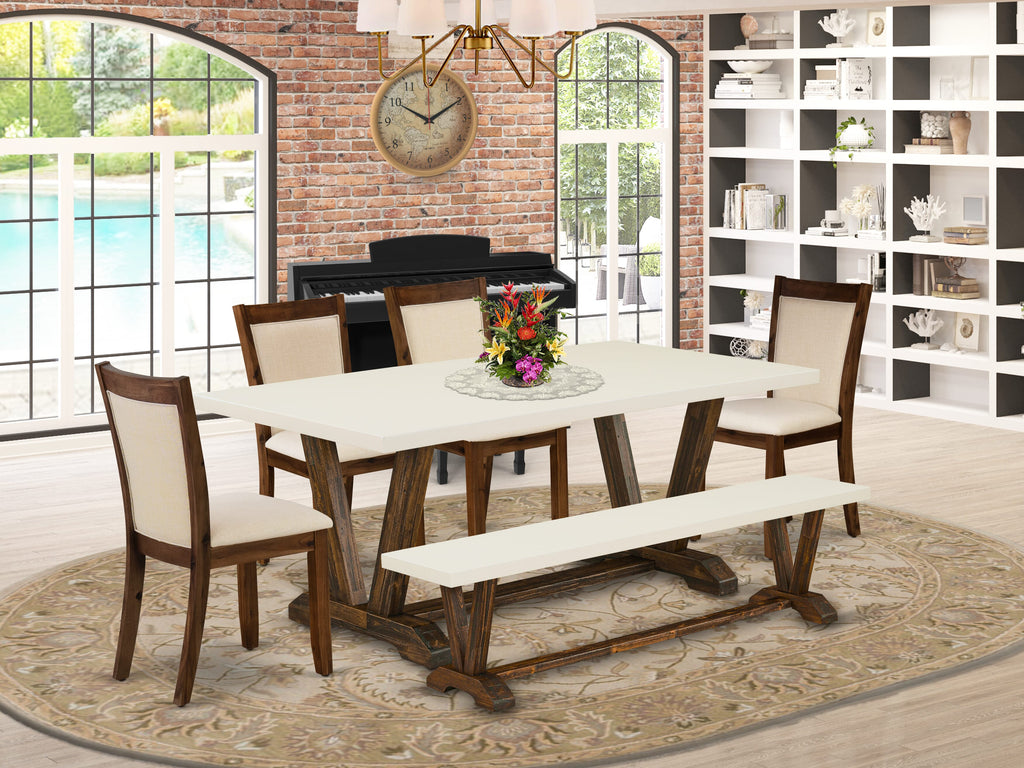 EAST WEST FURNITURE - V727MZN32-6 - 6-Pc Dining Room Set - 1 Dining Table, Modern Dining Bench with linen white Top and 4 light beige linen fabric Kitchen Chairs with Stylish Back (Distressed Jacobean Finish)