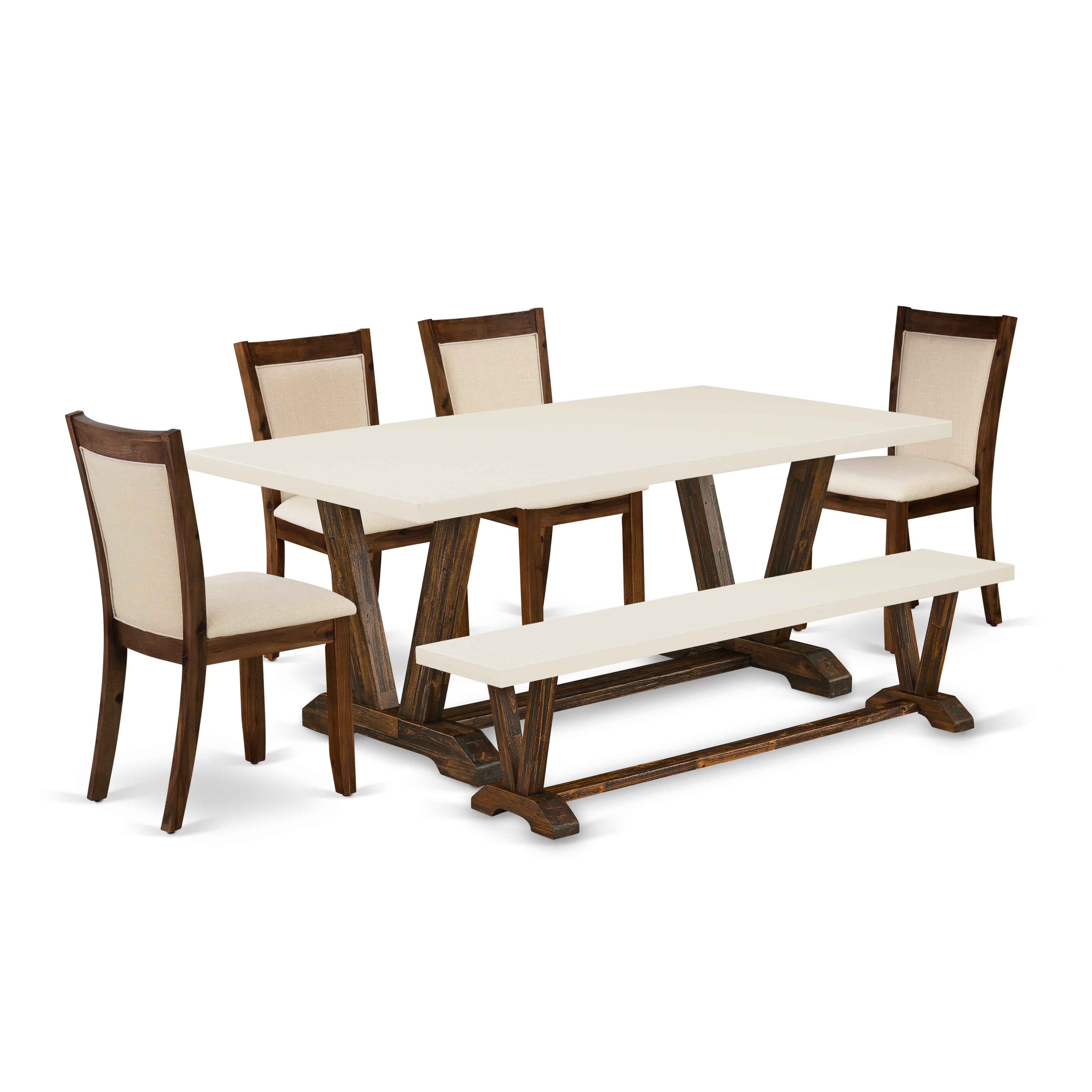 EAST WEST FURNITURE - V727MZN32-6 - 6-Pc Dining Room Set - 1 Dining Table, Modern Dining Bench with linen white Top and 4 light beige linen fabric Kitchen Chairs with Stylish Back (Distressed Jacobean Finish)
