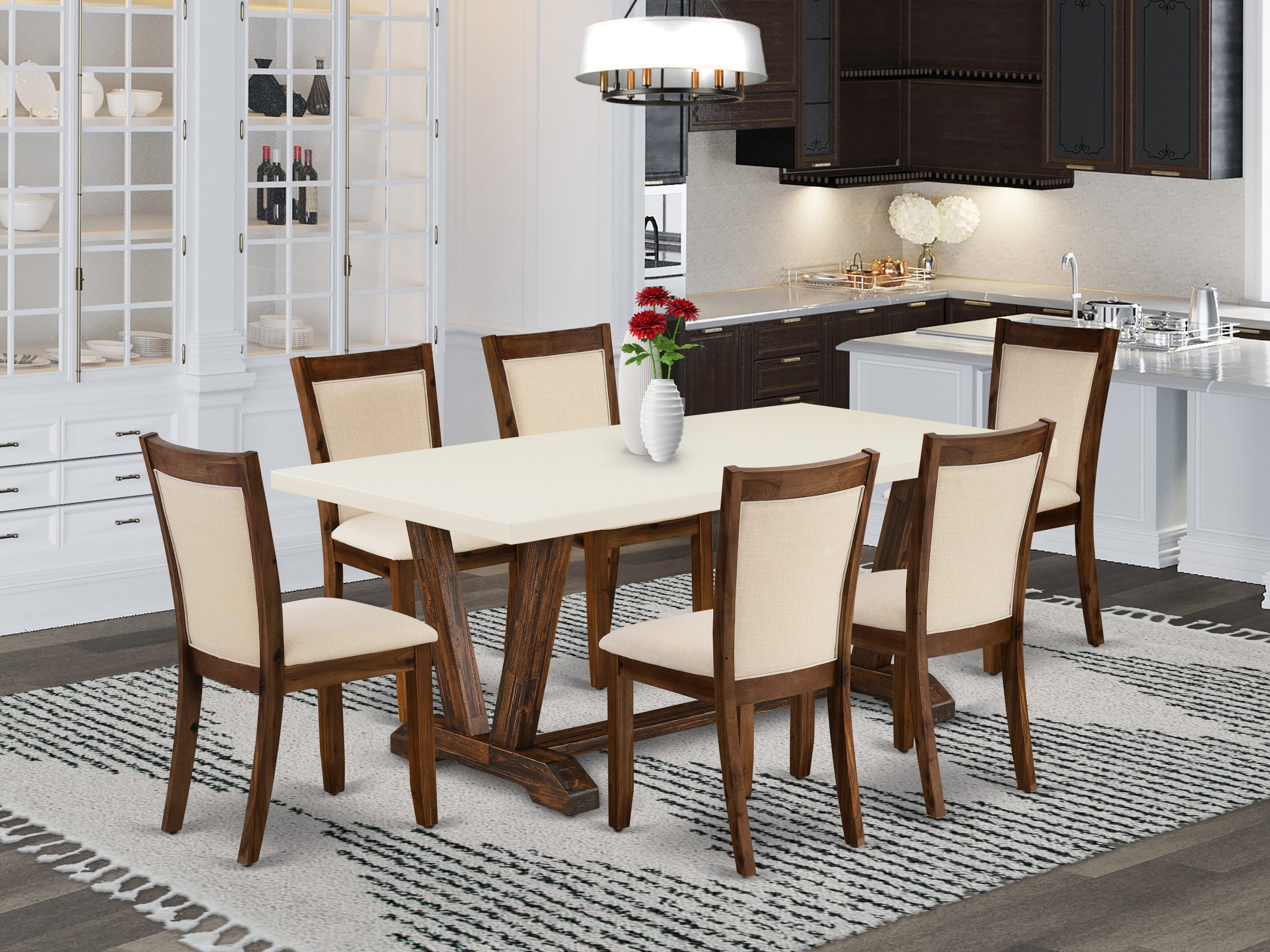 EAST WEST FURNITURE - V727MZN32-7 - 7-Pieces Dining Room Set - A Dinning Table with linen white Top and 6 light beige linen fabric Dining Chairs with Stylish Back (Distressed Jacobean Finish)