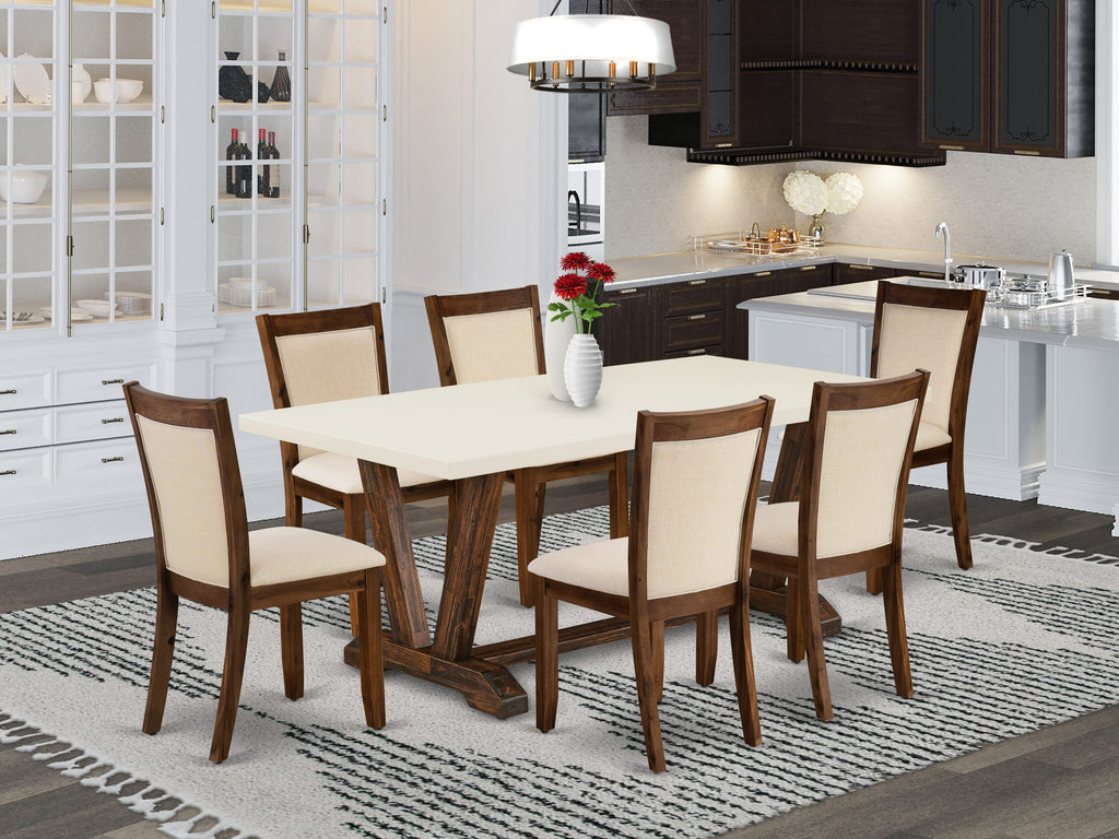 Juego de mesa de comedor East West Furniture V727MZN32-7 de 7 piezas compuesto por una mesa de cocina rectangular con patas en V y 6 sillas de comedor Parson de tela de lino beige claro.