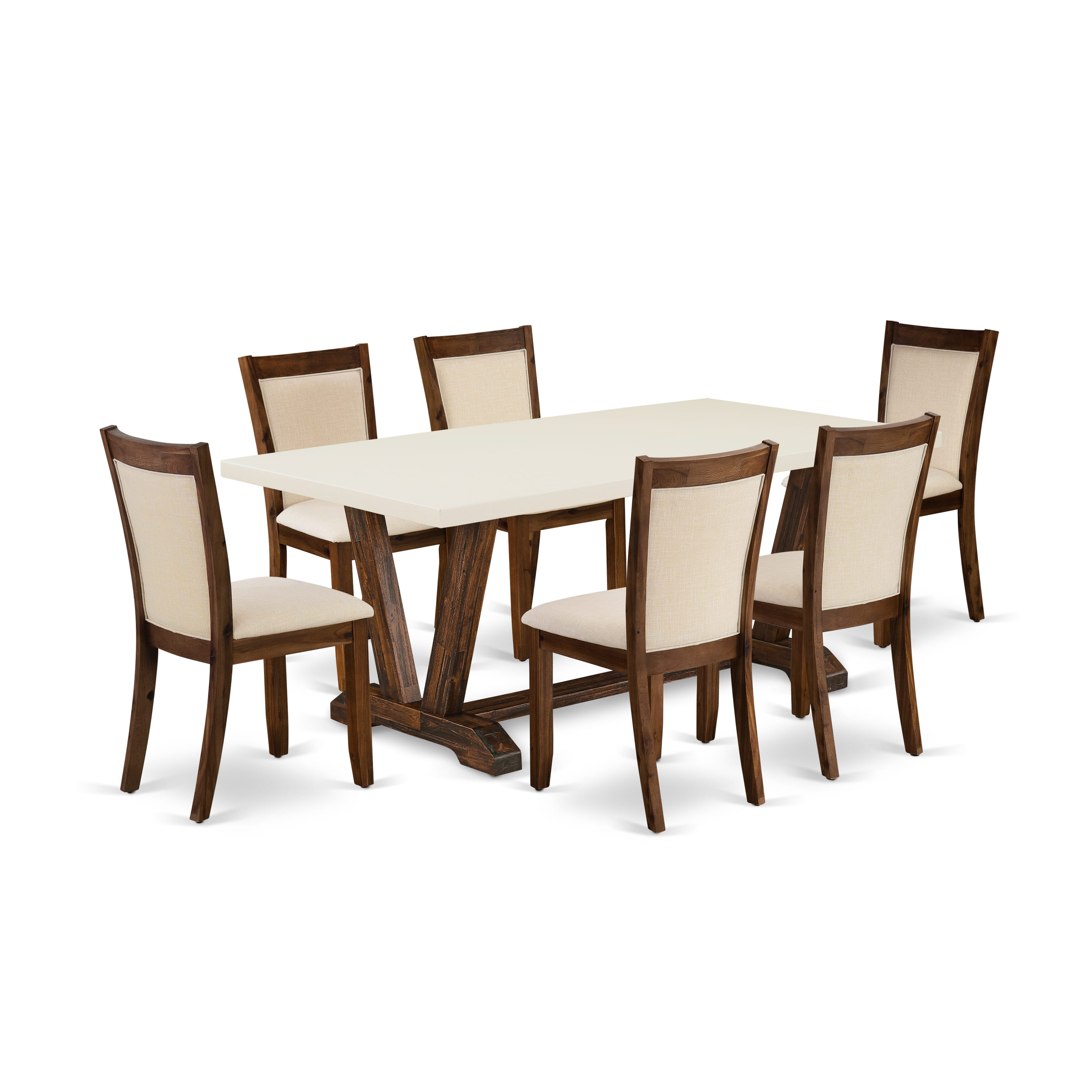 EAST WEST FURNITURE - V727MZN32-7 - 7-Pieces Dining Room Set - A Dinning Table with linen white Top and 6 light beige linen fabric Dining Chairs with Stylish Back (Distressed Jacobean Finish)