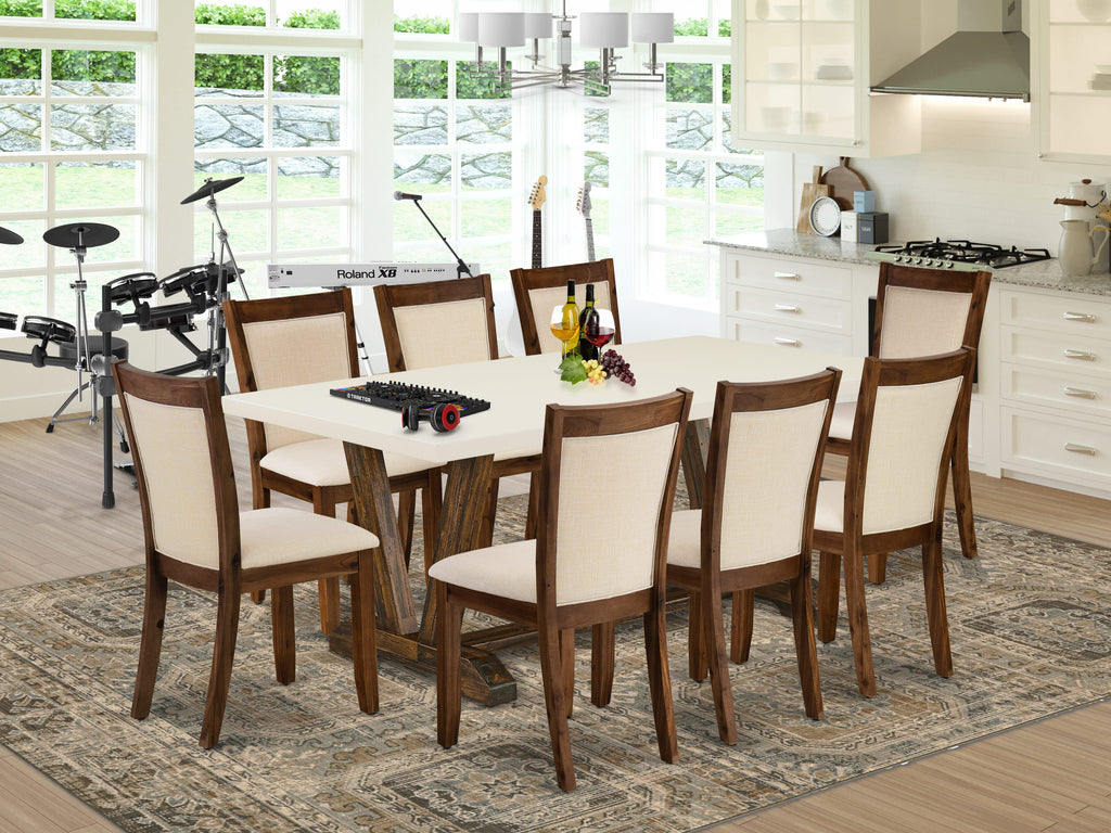 EAST WEST FURNITURE - V727MZN32-9 - 9-Pc Kitchen Table Set - A Dining Room Table with linen white Top and 8 light beige linen fabric Modern Chairs with Stylish Back (Distressed Jacobean Finish)