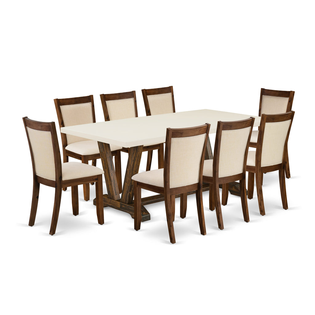 EAST WEST FURNITURE - V727MZN32-9 - 9-Pc Kitchen Table Set - A Dining Room Table with linen white Top and 8 light beige linen fabric Modern Chairs with Stylish Back (Distressed Jacobean Finish)