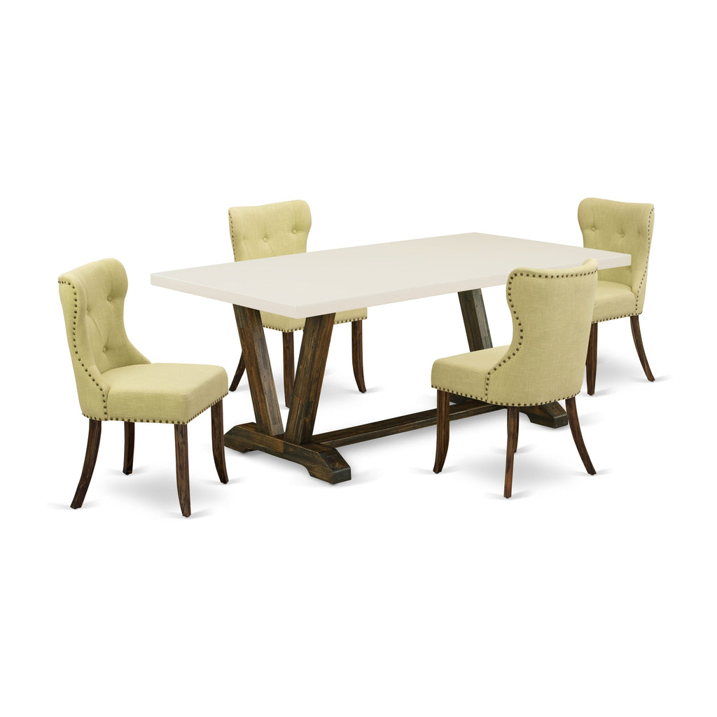 Juego de mesa de comedor de 5 piezas East West Furniture V727SI737-5 para 4 personas. Incluye una mesa de cocina rectangular con patas en V y 4 sillas de comedor Parson de tela de lino Limelight.