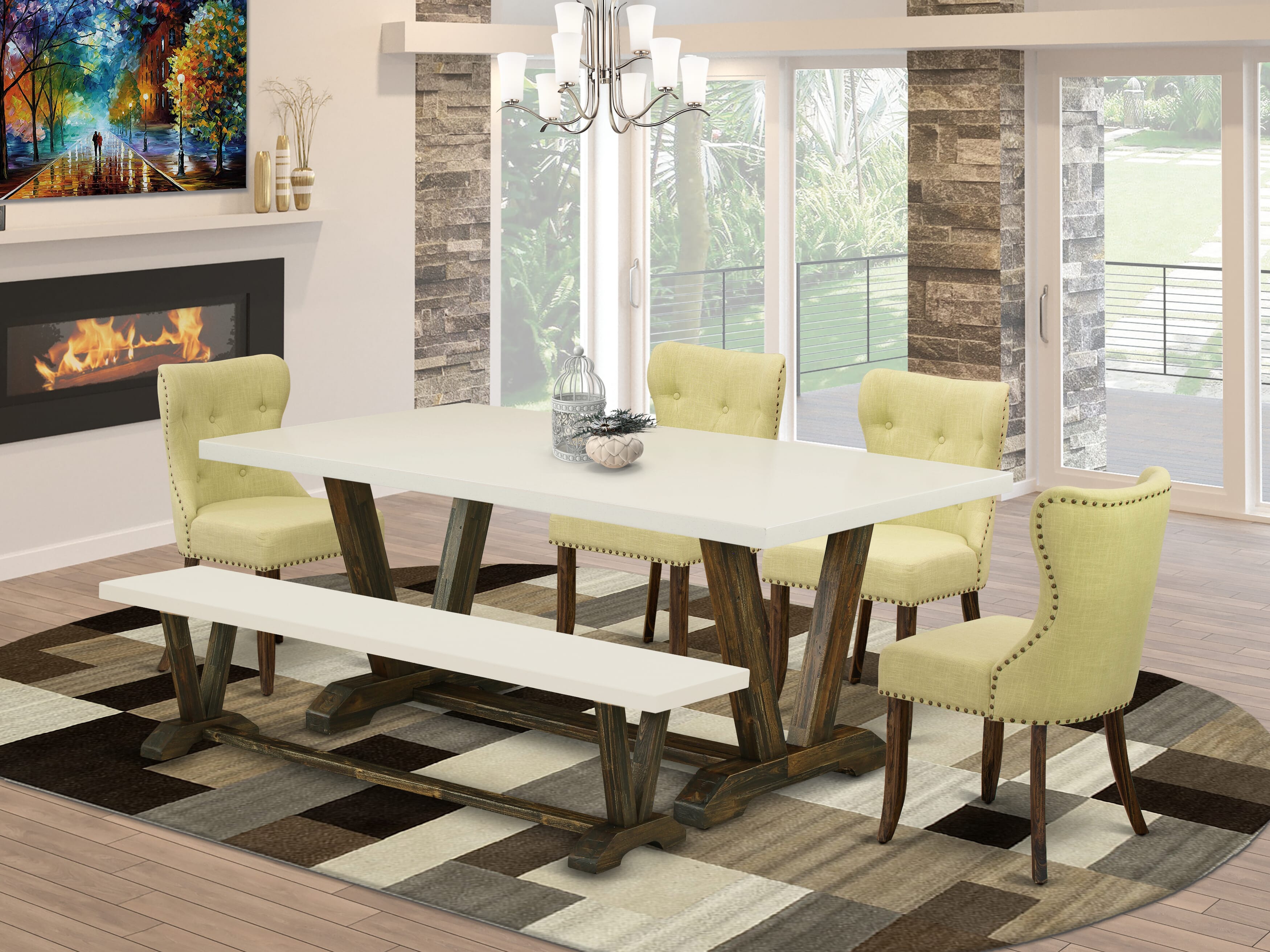 Juego de mesa de cocina de 6 piezas East West Furniture V727SI737-6. Contiene una mesa de comedor rectangular con patas en V y 4 sillas Parson de tela de lino Limelight con un banco.
