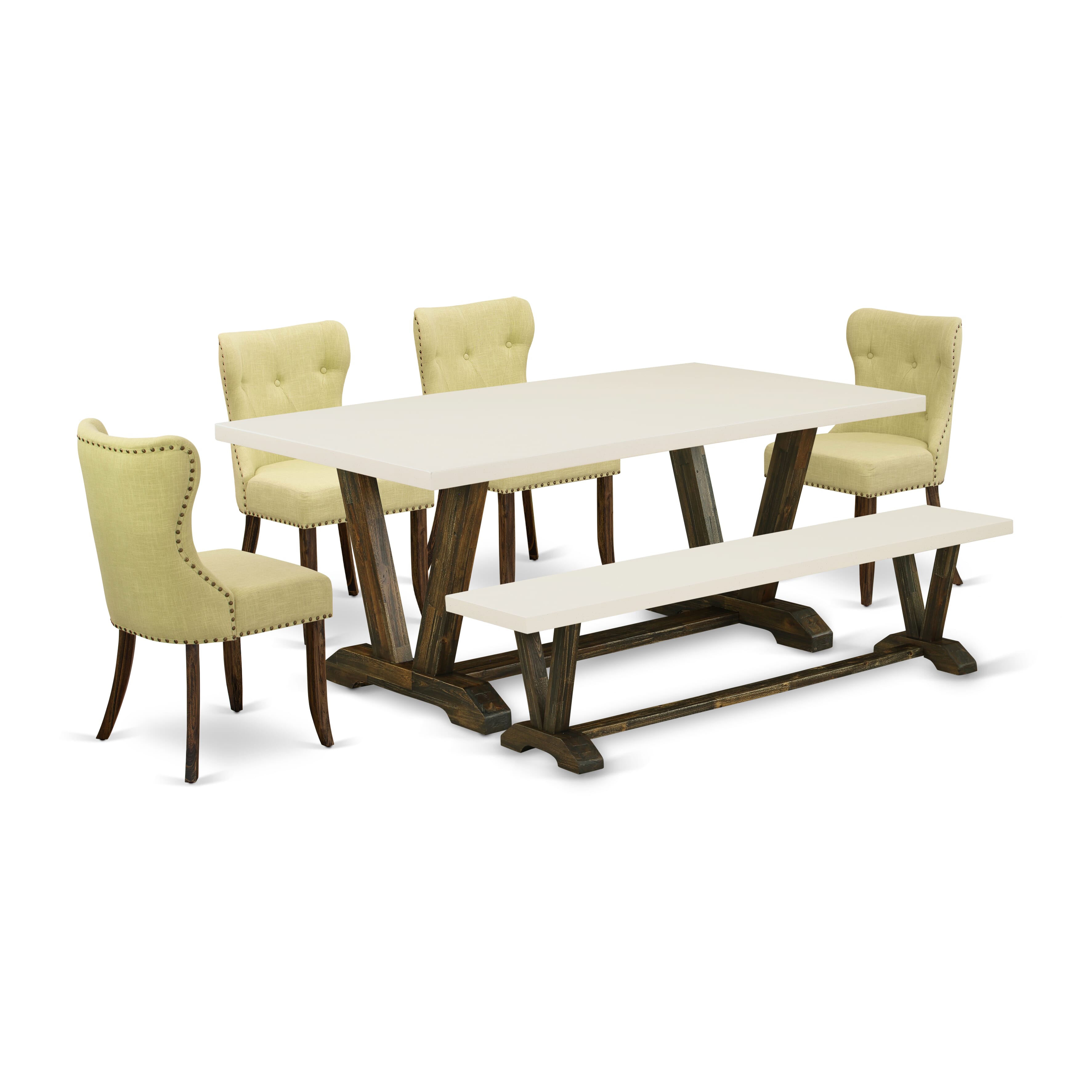 Juego de mesa de cocina de 6 piezas East West Furniture V727SI737-6. Contiene una mesa de comedor rectangular con patas en V y 4 sillas Parson de tela de lino Limelight con un banco.