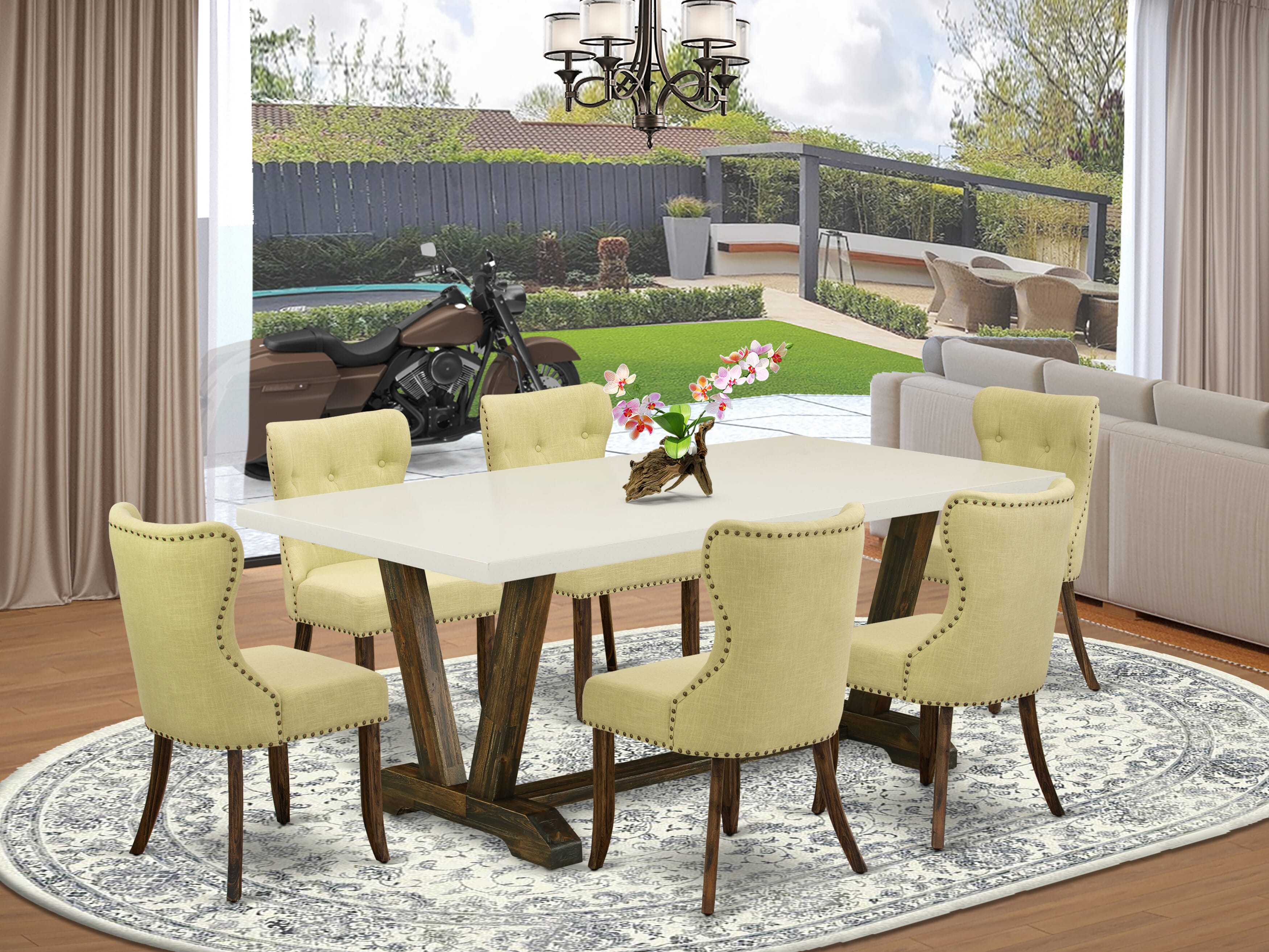 Juego de comedor de 7 piezas East West Furniture V727SI737-7 compuesto por una mesa de comedor rectangular con patas en V y 6 sillas Parsons de tela de lino Limelight.