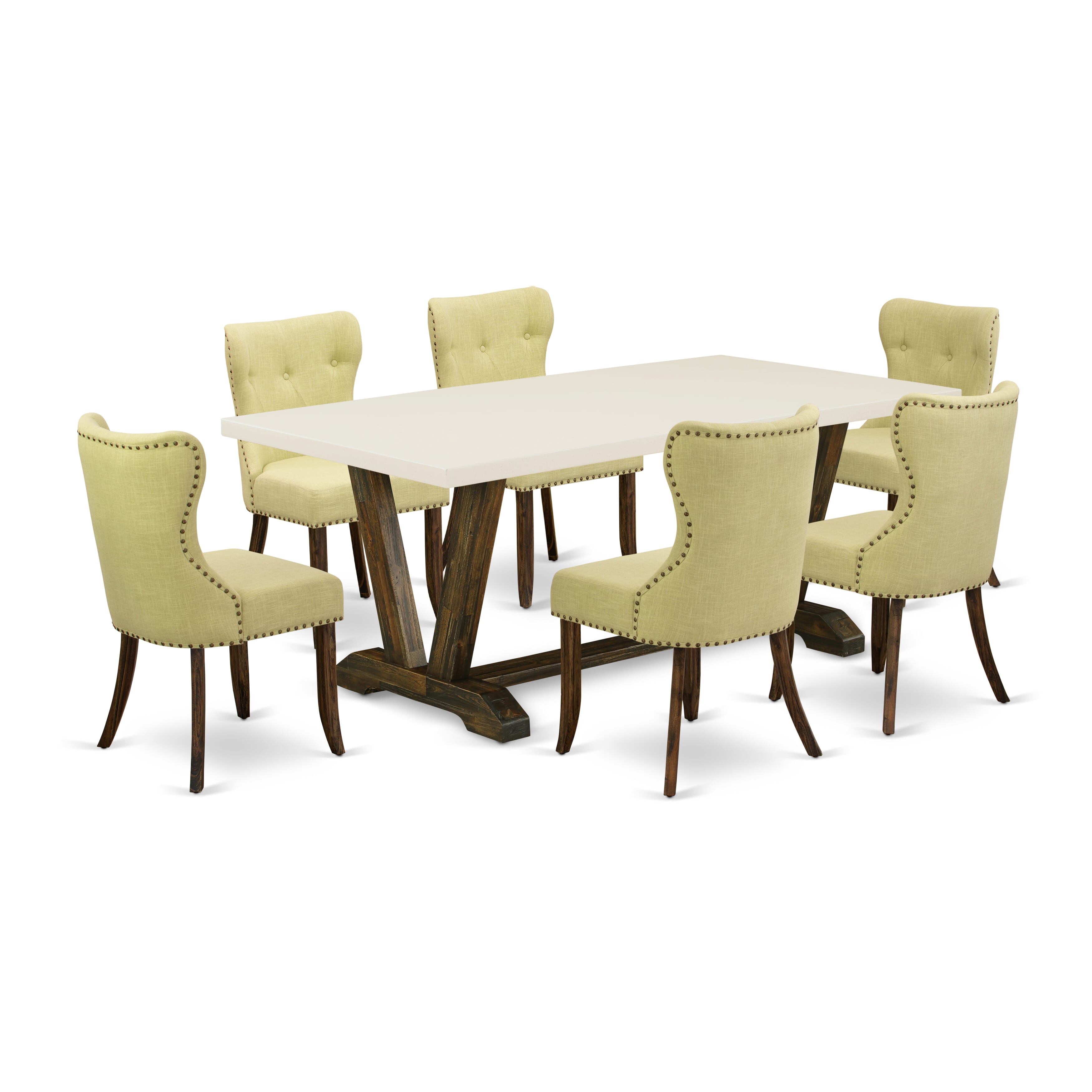 Juego de comedor de 7 piezas East West Furniture V727SI737-7 compuesto por una mesa de comedor rectangular con patas en V y 6 sillas Parsons de tela de lino Limelight.
