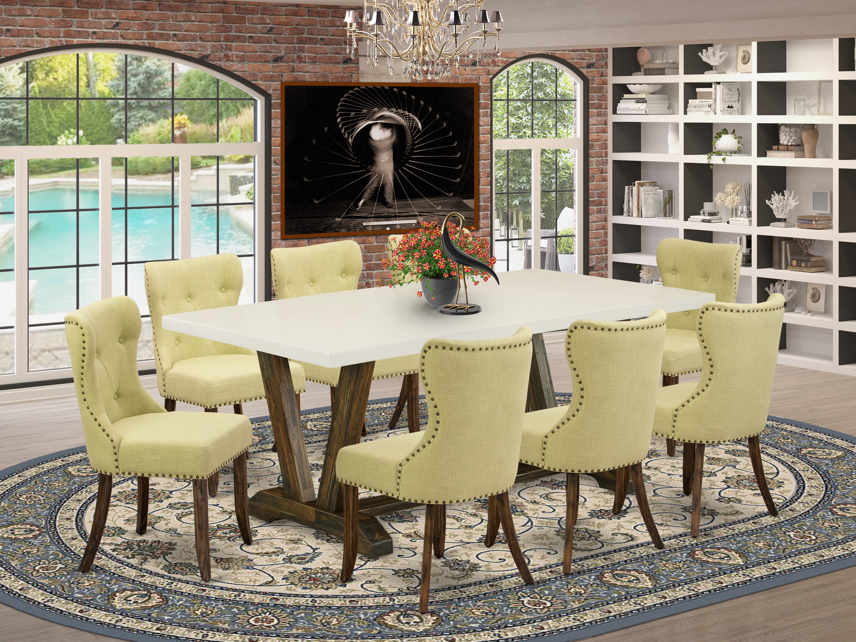 9-Pc V727SI737-9 Modern Dining Table Set- 8 Parson Dining Chairs with Limelight Linen Fabric Seat and Button Tufted Chair Back - Rectangular Table top & Wooden Legs - linen white and Distressed Jacobean Finish
