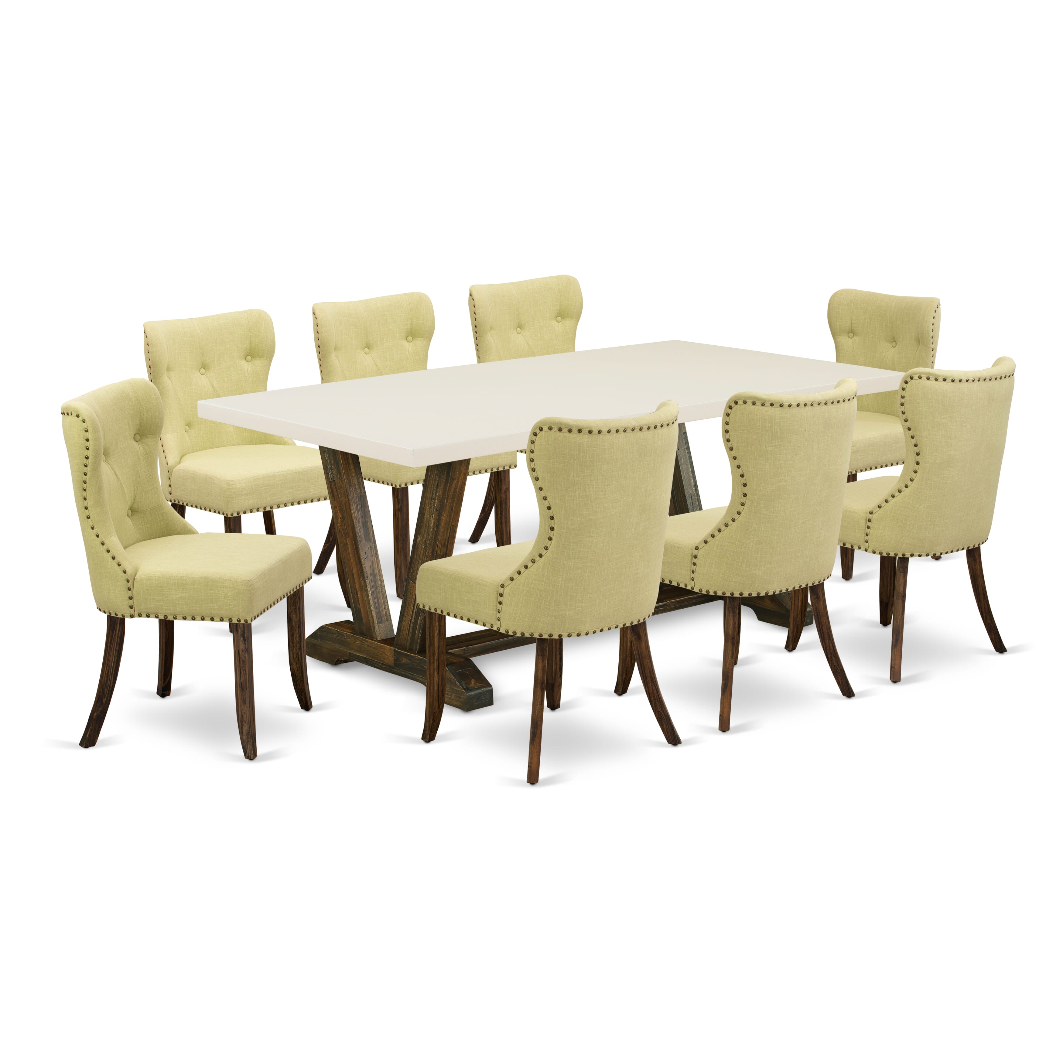 9-Pc V727SI737-9 Modern Dining Table Set- 8 Parson Dining Chairs with Limelight Linen Fabric Seat and Button Tufted Chair Back - Rectangular Table top & Wooden Legs - linen white and Distressed Jacobean Finish