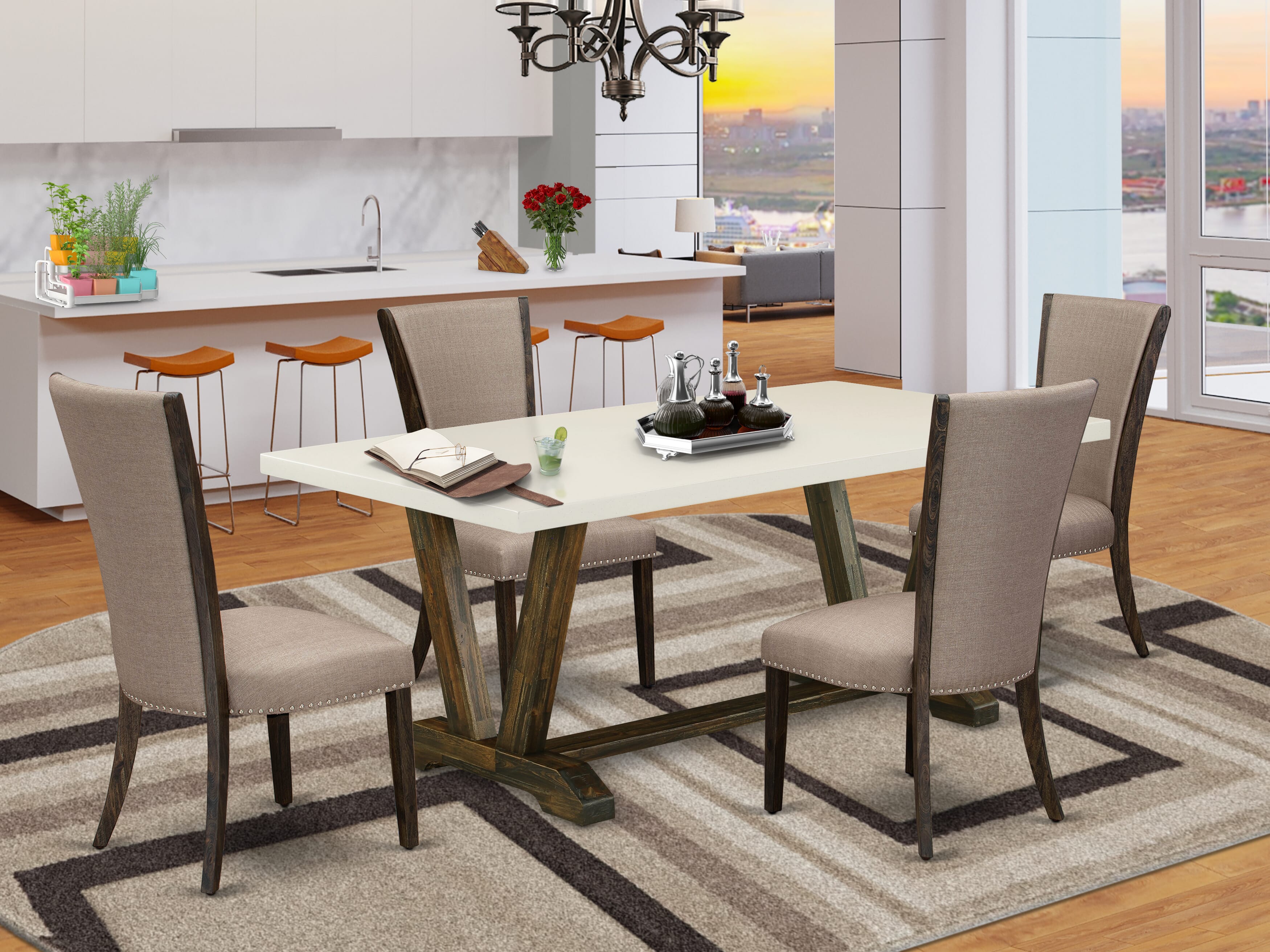 East West Furniture V727VE703-5 5Pc Kitchen Set Offers a Wood Dining Table and 4 Upholstered Dining Chairs with Brown Color Linen Fabric, Medium Size Table with Full Back Chairs, Distressed Jacobean and Linen White Finish