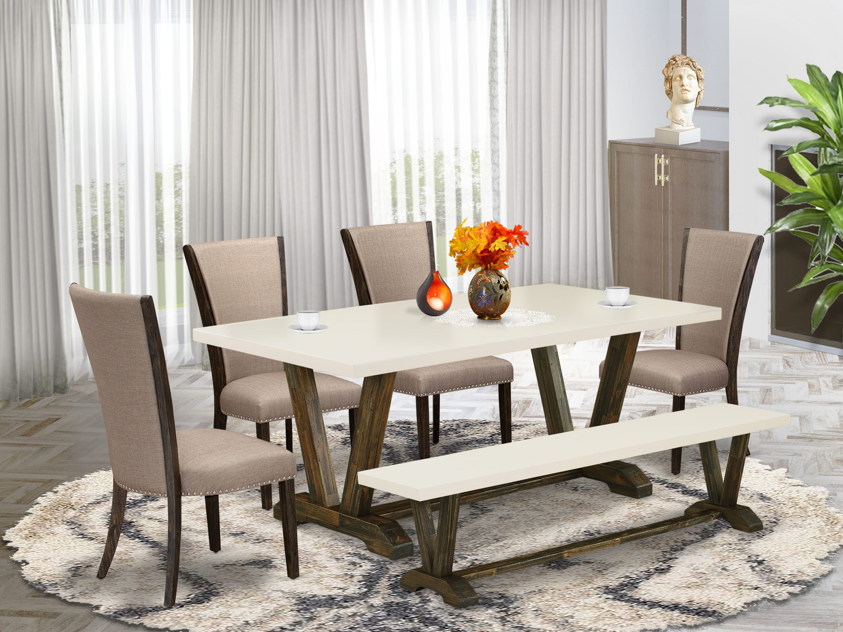 Juego de mesa de comedor de 6 piezas East West Furniture V727VE703-6. Contiene una mesa de cocina rectangular con patas en V y 4 sillas Parson de tela de lino marrón con un banco.