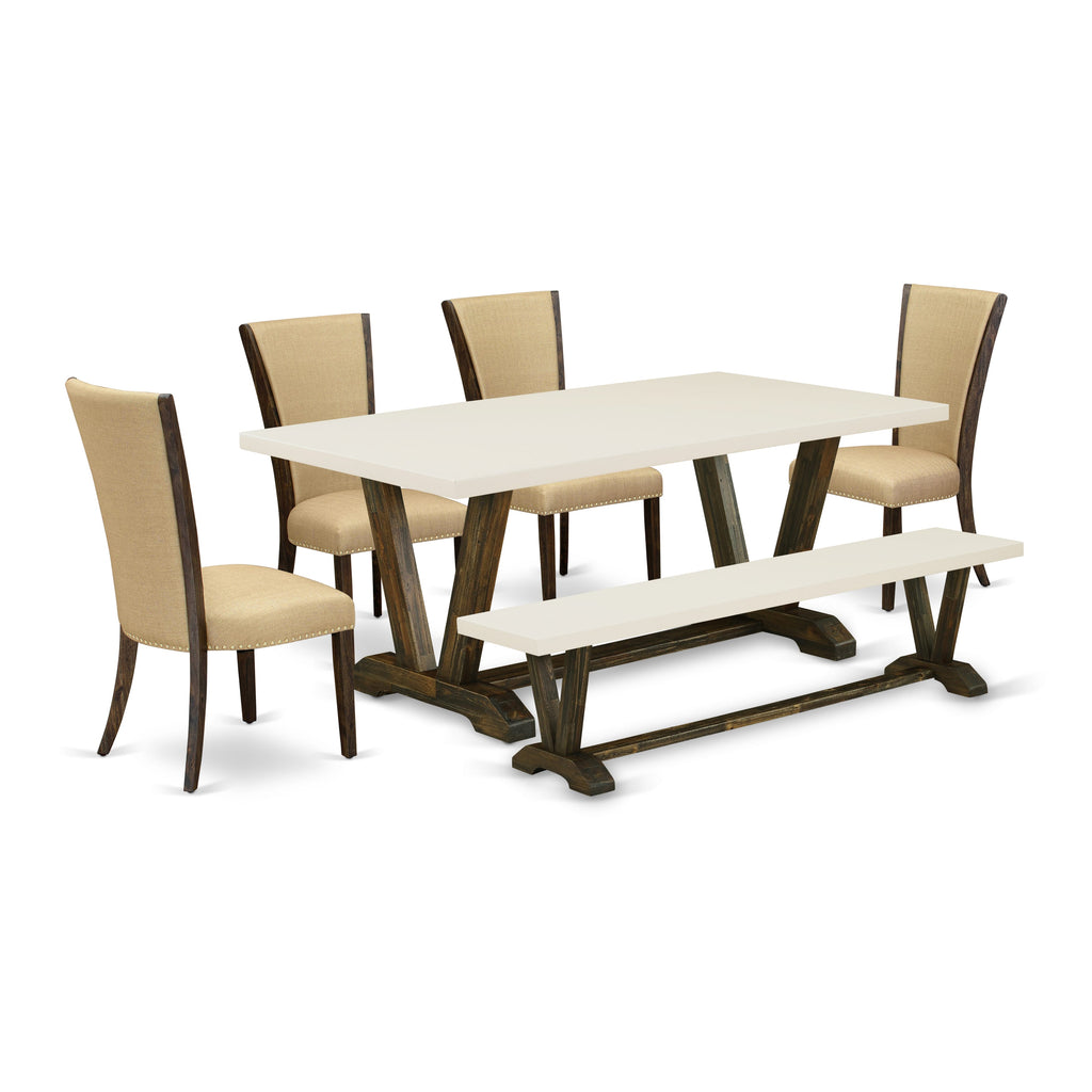 Juego de mesa de comedor de 6 piezas East West Furniture V727VE703-6. Contiene una mesa de cocina rectangular con patas en V y 4 sillas Parson de tela de lino marrón con un banco.
