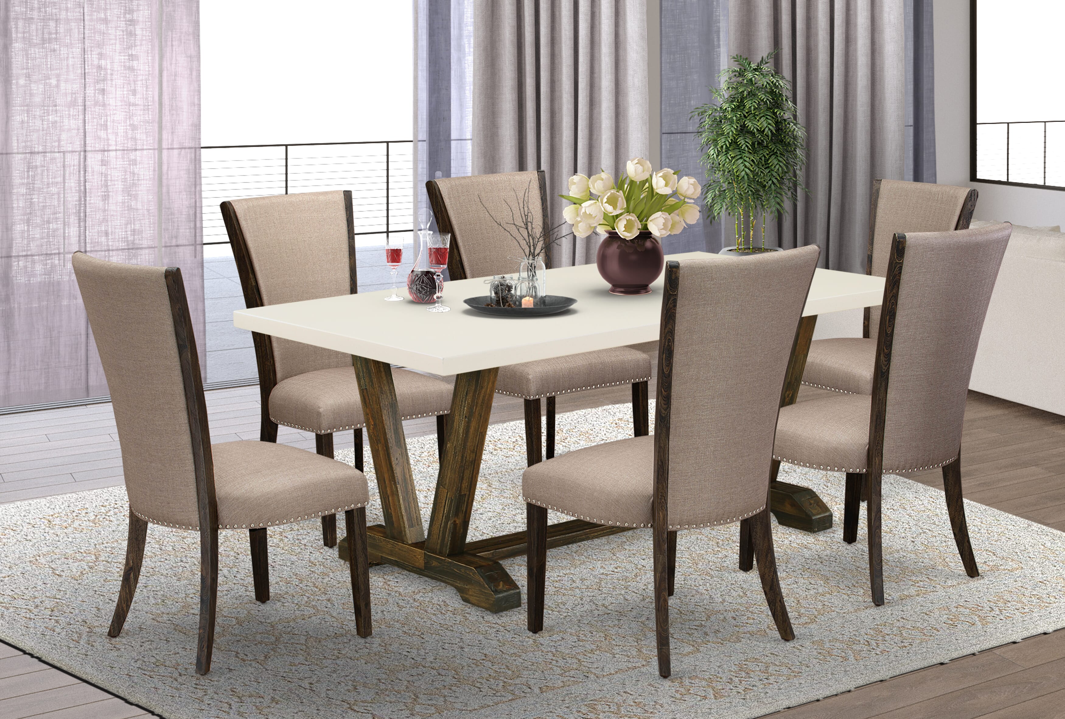 Juego de mesa de comedor East West Furniture V727VE703-7 de 7 piezas compuesto por una mesa de comedor rectangular con patas en V y 6 sillas tapizadas en tela de lino marrón.