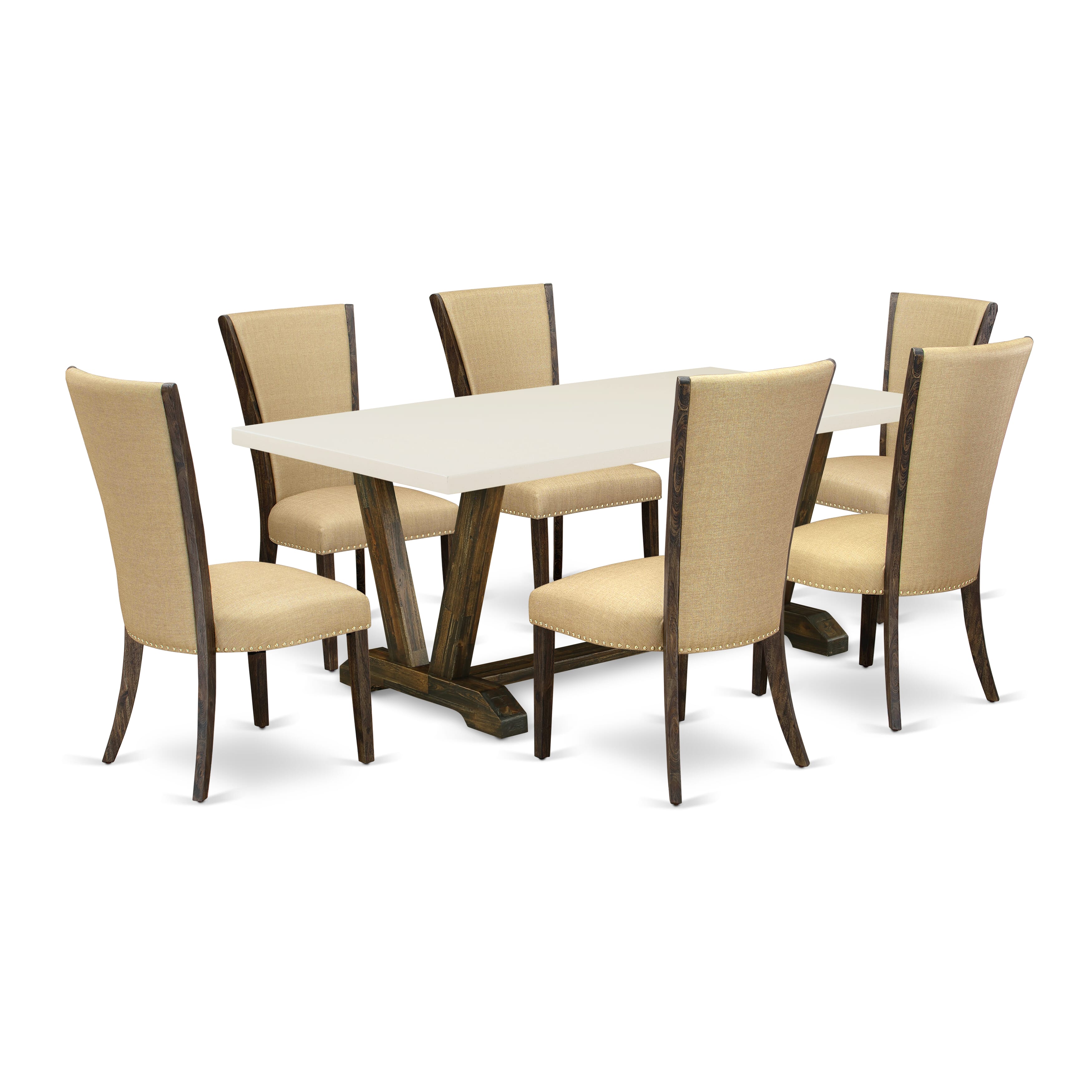 Juego de mesa de comedor East West Furniture V727VE703-7 de 7 piezas compuesto por una mesa de comedor rectangular con patas en V y 6 sillas tapizadas en tela de lino marrón.