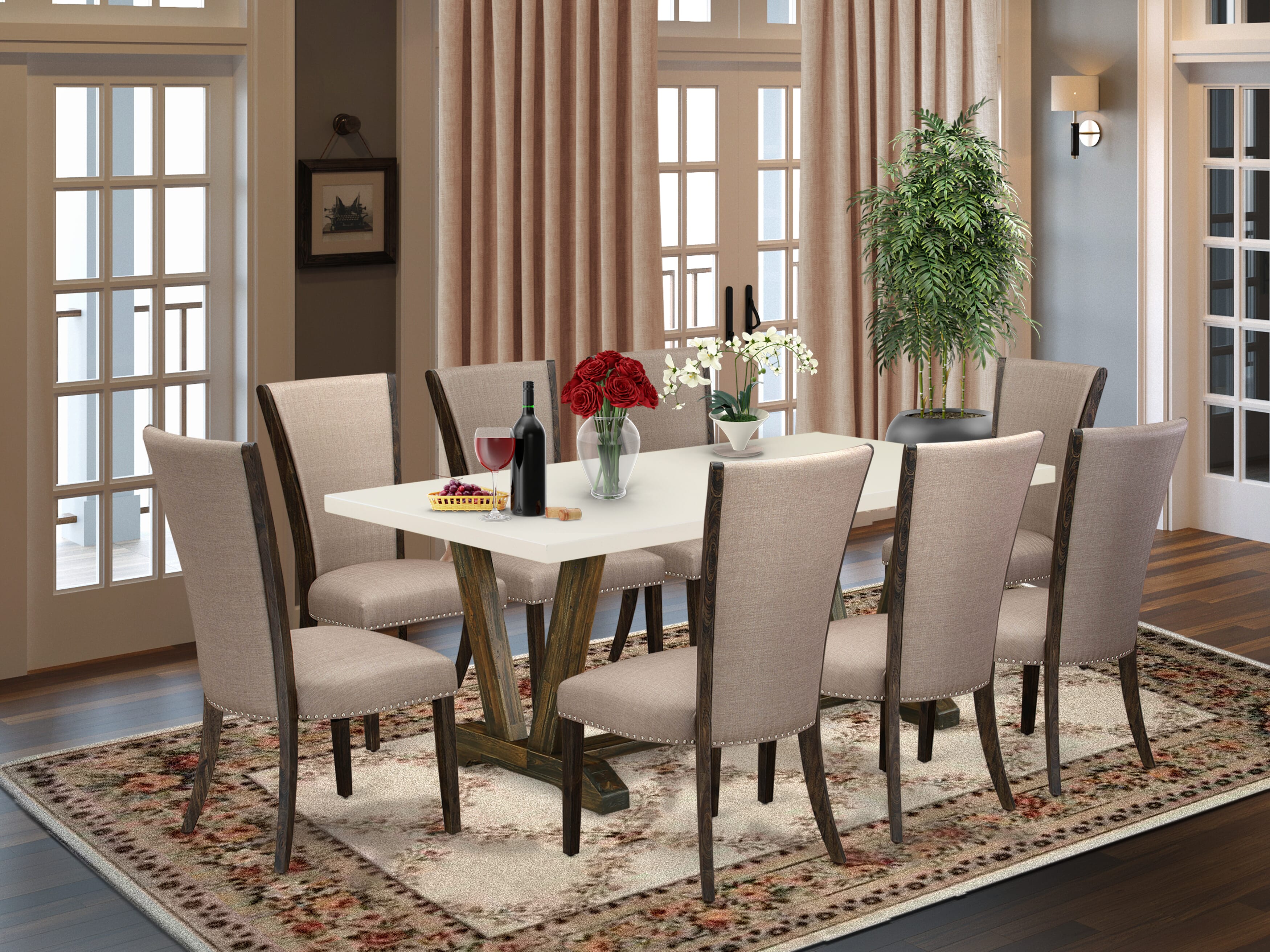 East West Furniture V727VE703-9 9Pc Dinette Set Offers a Wood Table and 8 Parsons Chairs with Brown Color Linen Fabric, Medium Size Table with Full Back Chairs, Distressed Jacobean and Linen White Finish