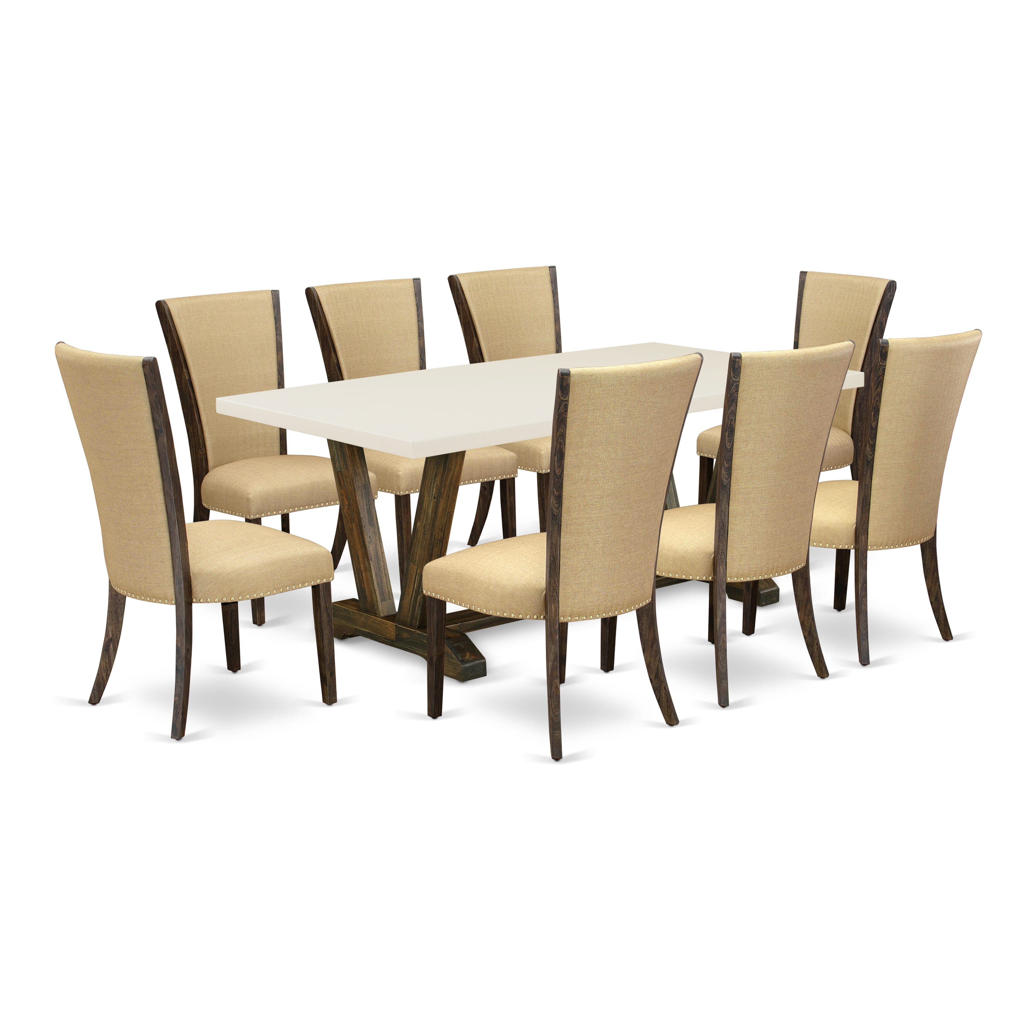 East West Furniture V727VE703-9 9Pc Dinette Set Offers a Wood Table and 8 Parsons Chairs with Brown Color Linen Fabric, Medium Size Table with Full Back Chairs, Distressed Jacobean and Linen White Finish