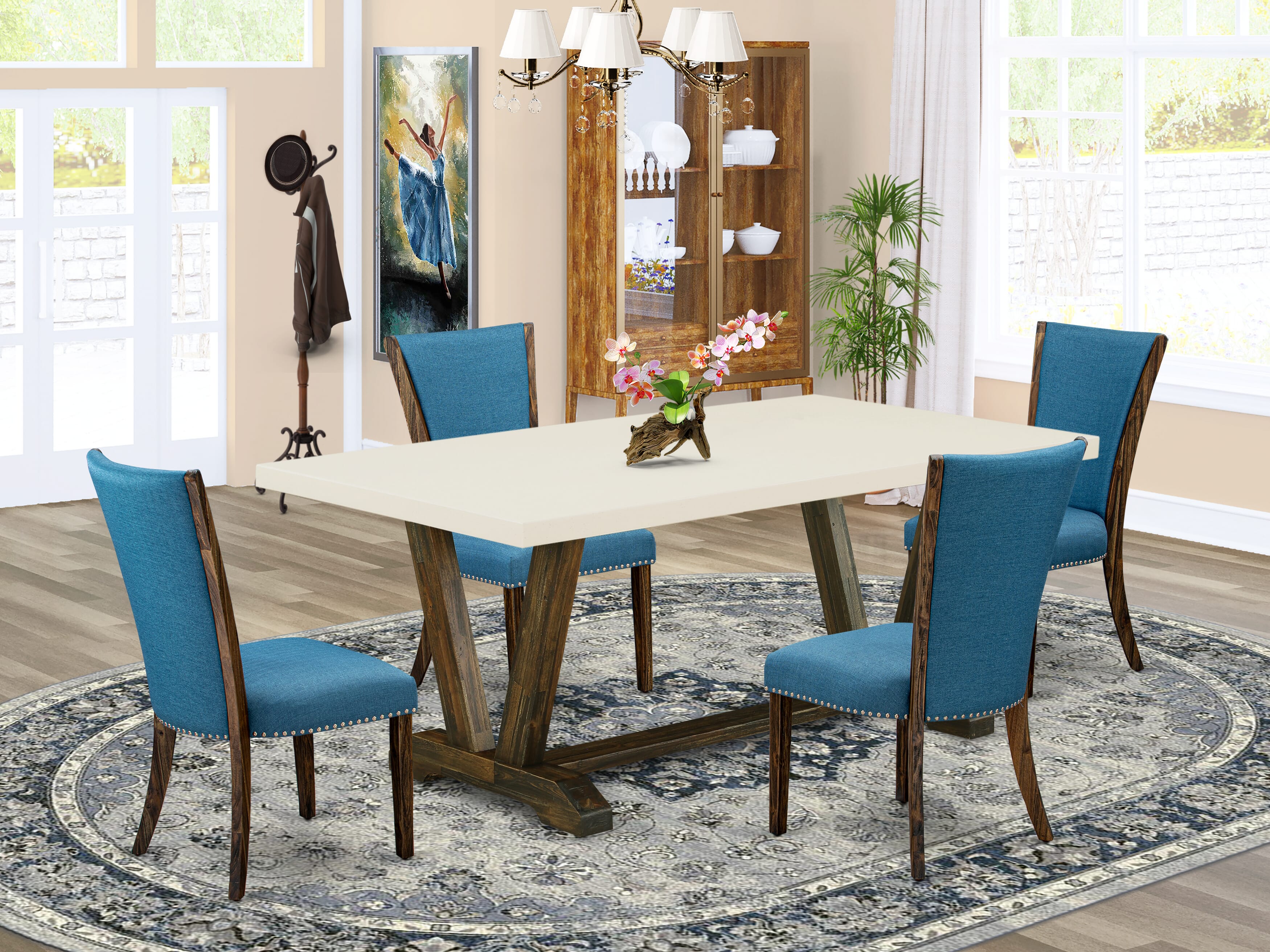 East West Furniture V727VE721-5 5Pc Kitchen Table Set Contains a Rectangular Table and 4 Parsons Dining Room Chairs with Blue Color Linen Fabric, Distressed Jacobean and Linen White Finish