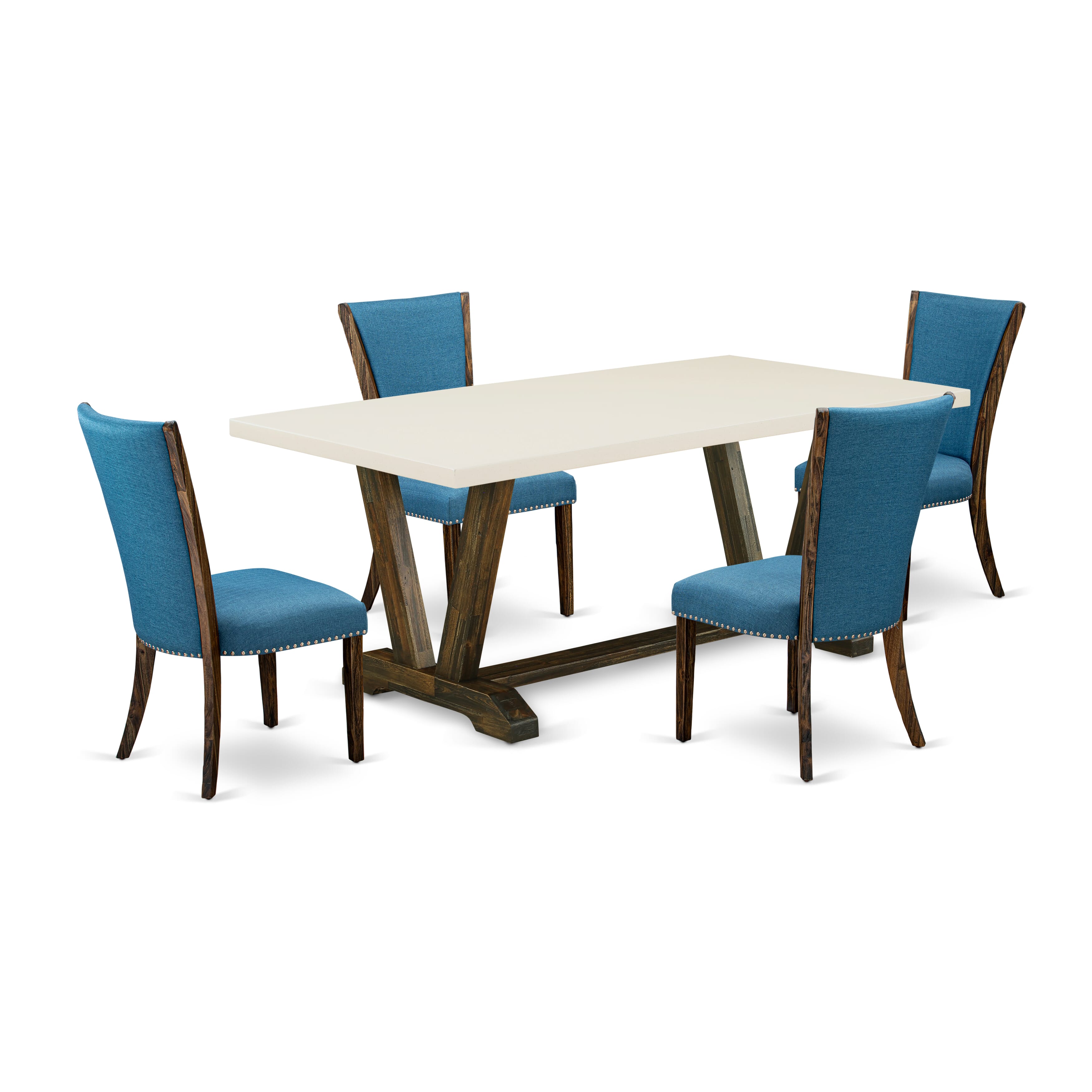 East West Furniture V727VE721-5 5Pc Kitchen Table Set Contains a Rectangular Table and 4 Parsons Dining Room Chairs with Blue Color Linen Fabric, Distressed Jacobean and Linen White Finish