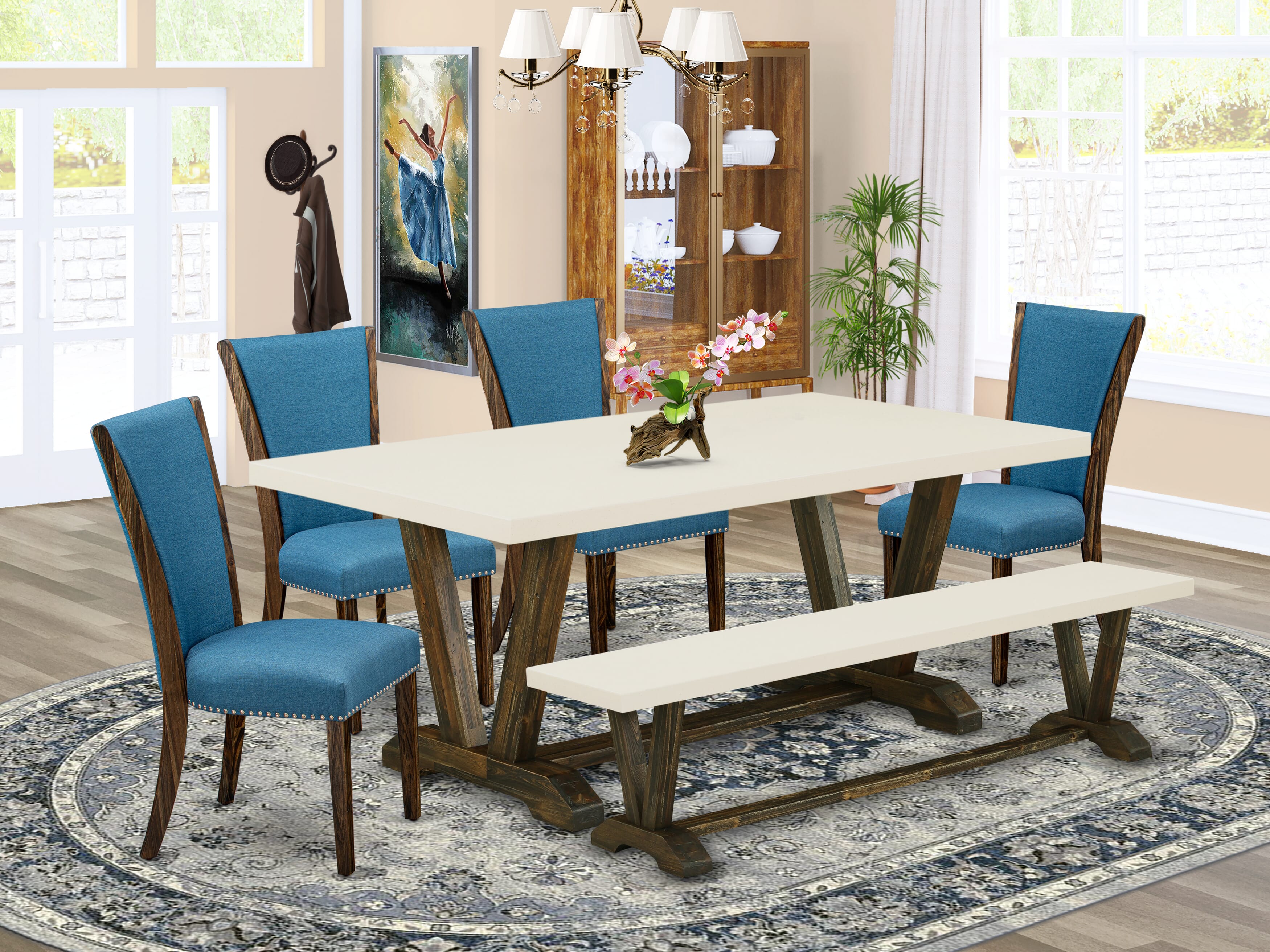East West Furniture V727VE721-6 6 Piece Dining Room Set - 4 Blue Linen Fabric Dining Room Chairs with Nailheads and linen white Dining Room Table - 1 Mid Century Bench - Distressed Jacobean Finish