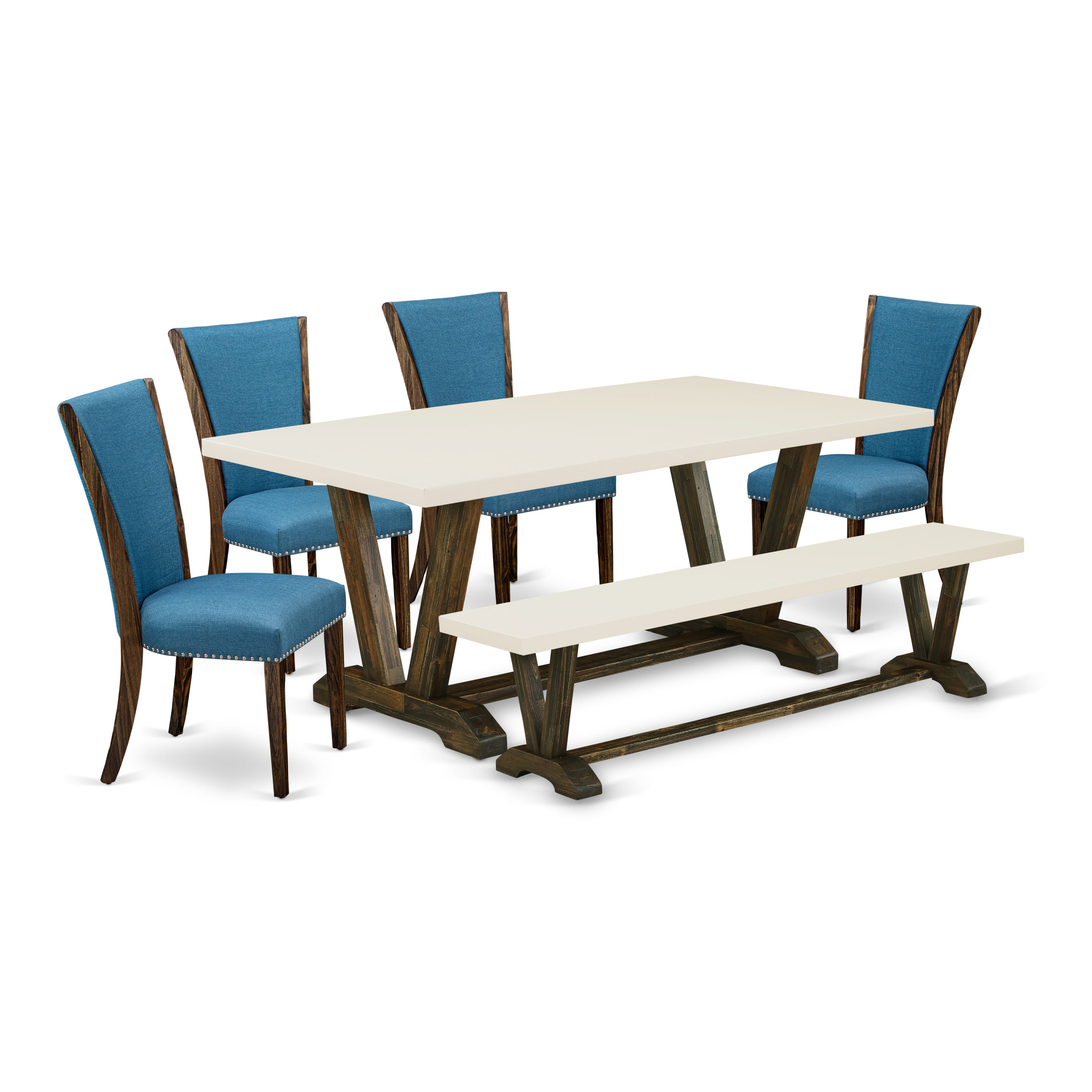 East West Furniture V727VE721-6 6 Piece Dining Room Set - 4 Blue Linen Fabric Dining Room Chairs with Nailheads and linen white Dining Room Table - 1 Mid Century Bench - Distressed Jacobean Finish