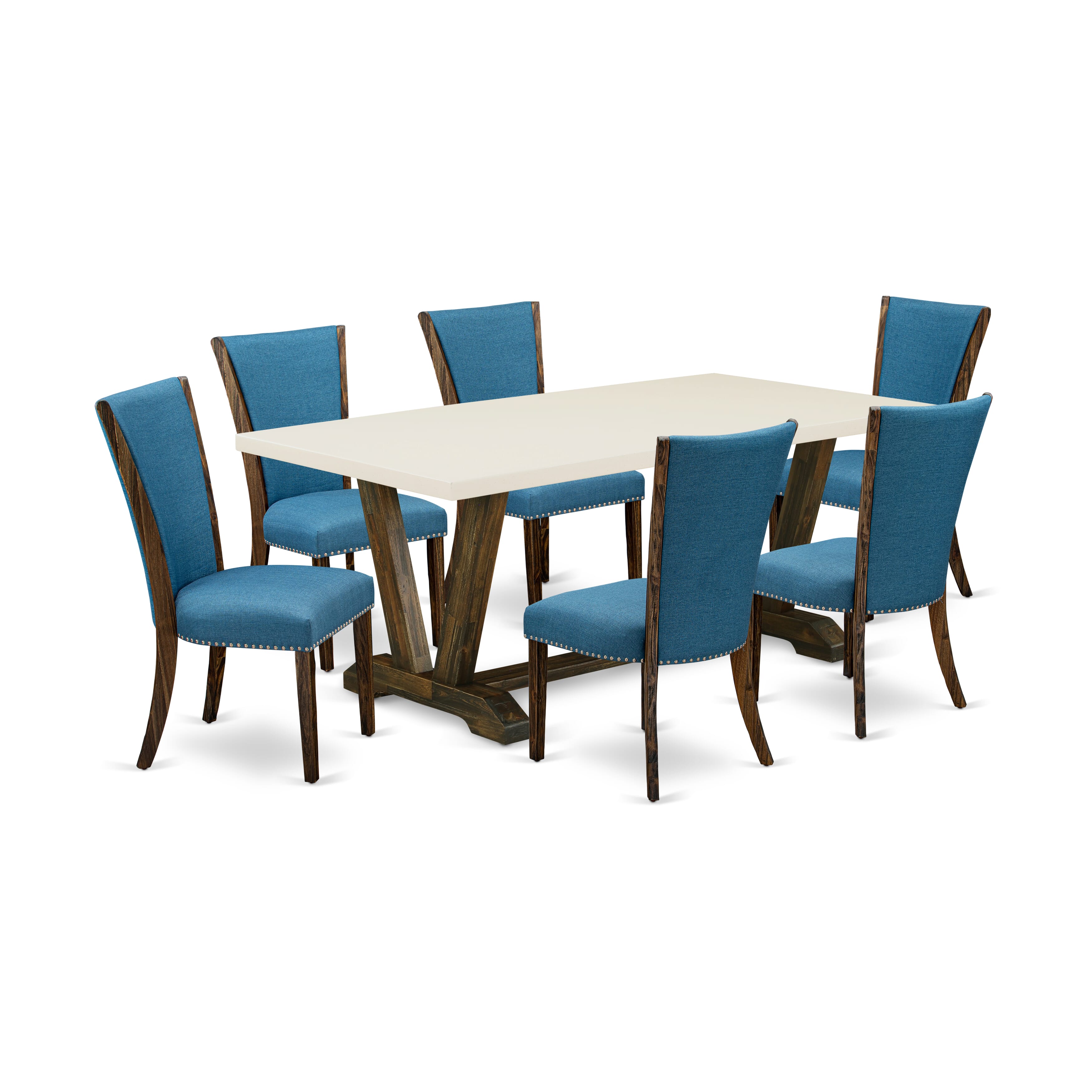 East West Furniture V727VE721-7 7Pc Dining Table set Consists of a Wood Table and 6 Parson Dining Chairs with Blue Color Linen Fabric, Distressed Jacobean and Linen White Finish