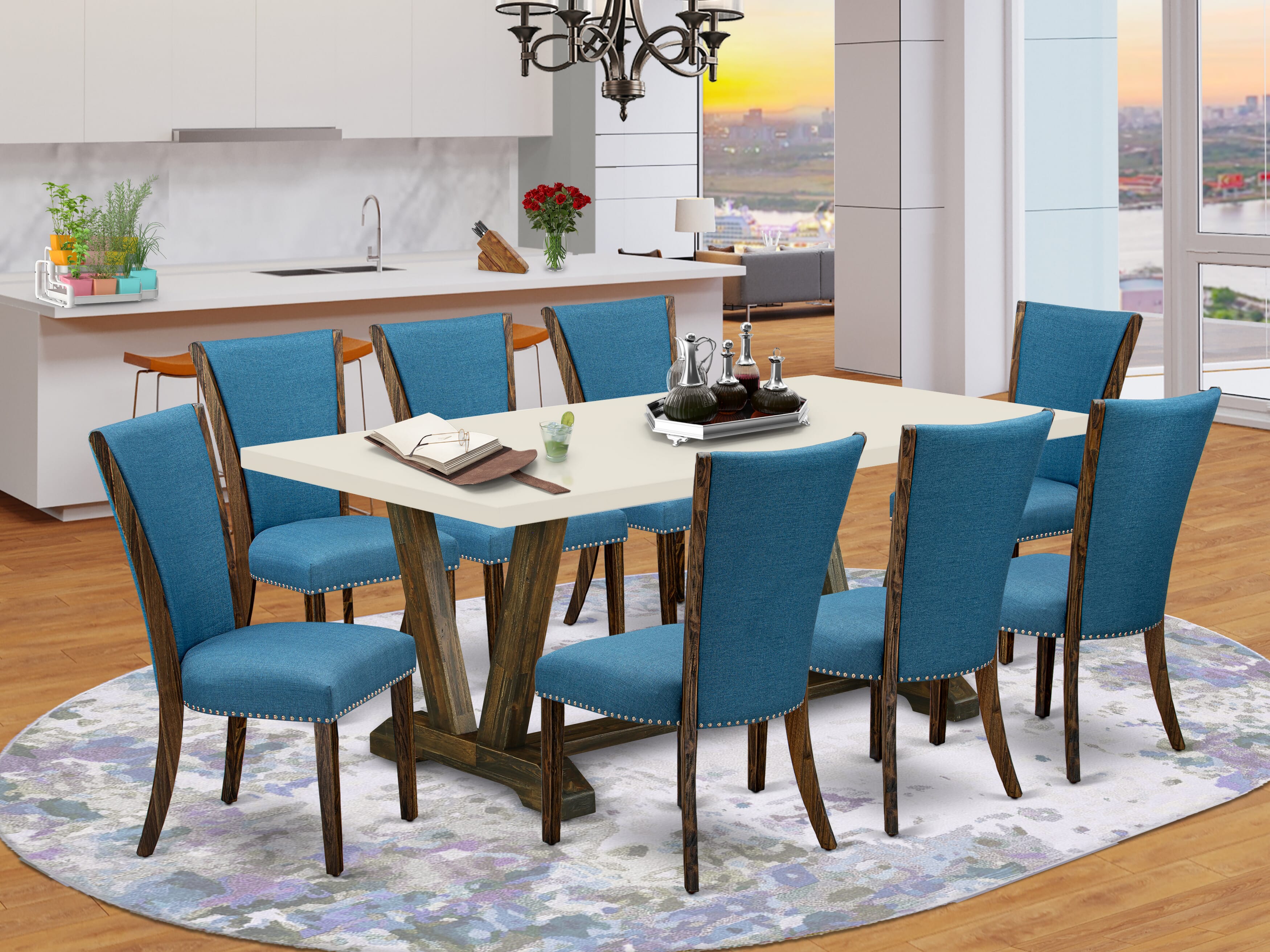East West Furniture V727VE721-9 9Pc Wood Dining Table Set Consists of a Rectangle Table and 8 Parsons Dining Chairs with Blue Color Linen Fabric, Distressed Jacobean and Linen White Finish