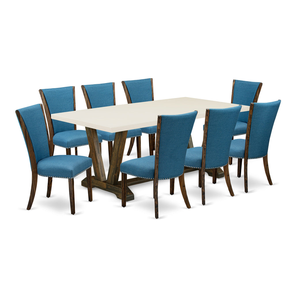 Juego de comedor East West Furniture V727VE721-9 de 9 piezas. Incluye una mesa de comedor rectangular con patas en V y 8 sillas Parson tapizadas en tela de lino de color azul.