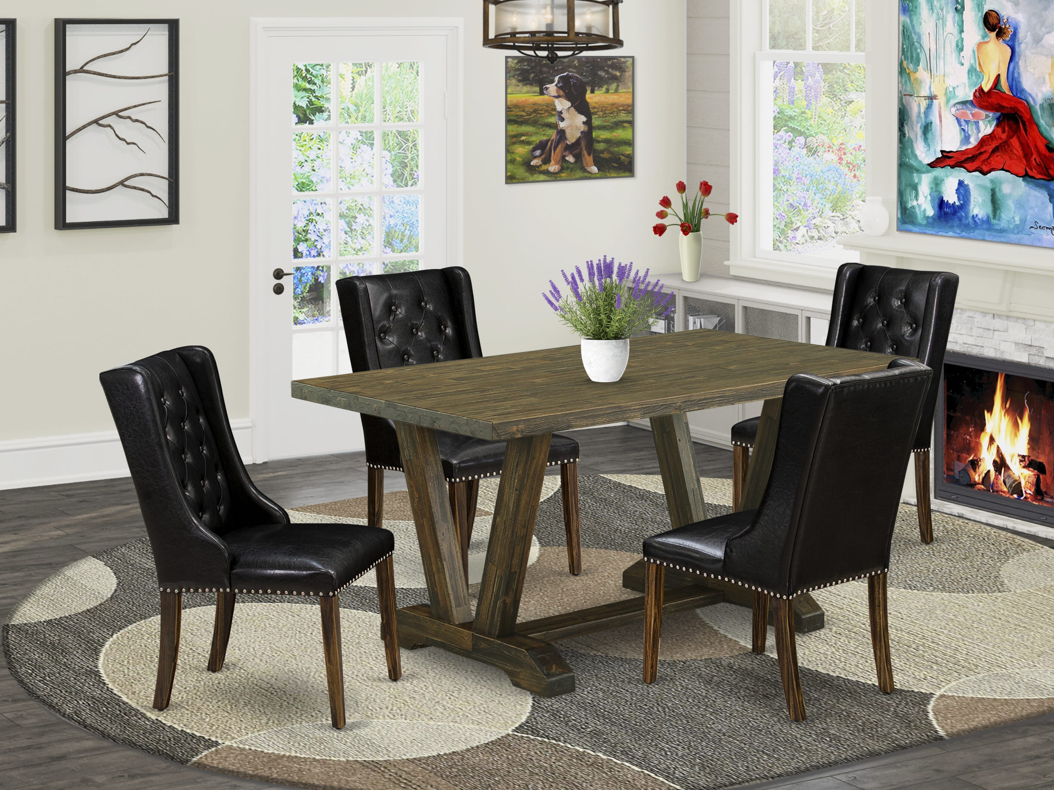 East West Furniture V776FO749-5 5 Pc Dining Table Set - 4 Black Parsons Chair and Rectangular Table - Distressed Jacobean Finish
