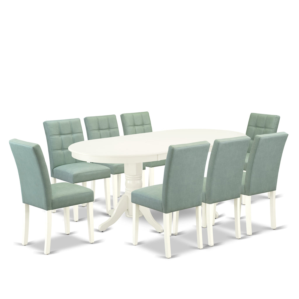 East West Furniture VAAS9-LWH-43 9 Piece Dining Room Set Includes A Wooden Dining Table and 8 Willow Green Faux Leather  Parsons Chairs, Linen White