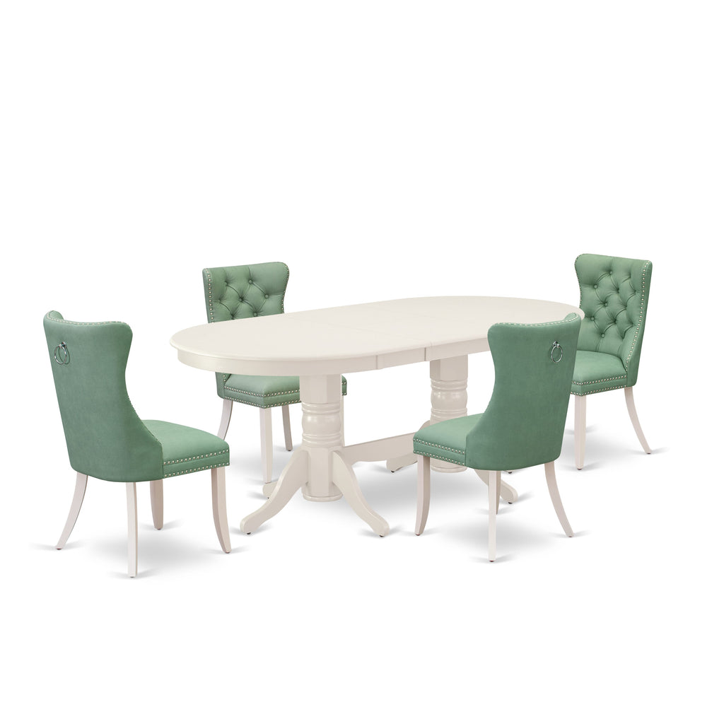 East West Furniture VADA5-LWH-22 5 Piece Dining Room Furniture Set Consists of an Oval Dining Table with Removable leaf and 4 Upholstered Chairs, 40x76 Inch, linen white
