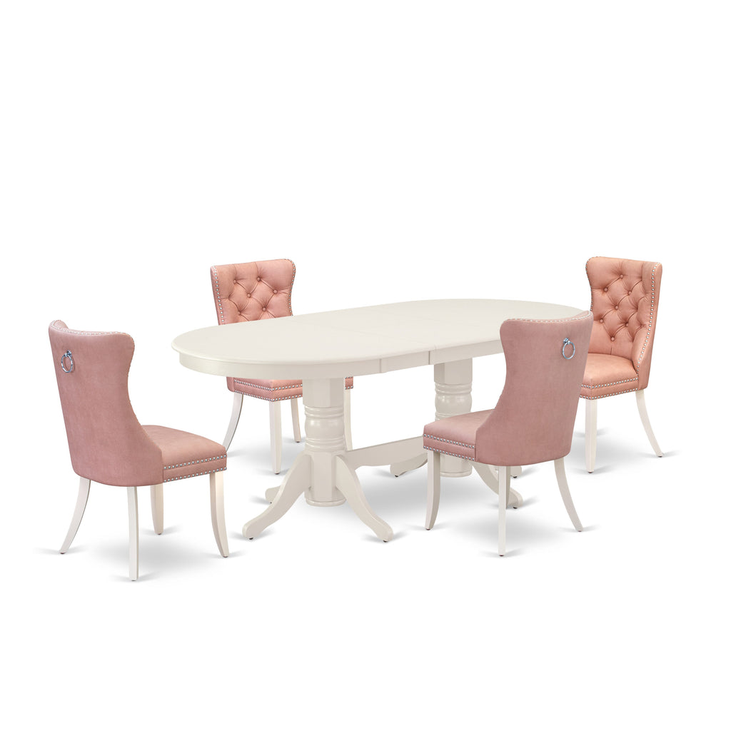 East West Furniture VADA5-LWH-23 5 Piece Dinette Set Includes an Oval Kitchen Table with Removable leaf and 4 Upholstered Parson Chairs, 40x76 Inch, linen white