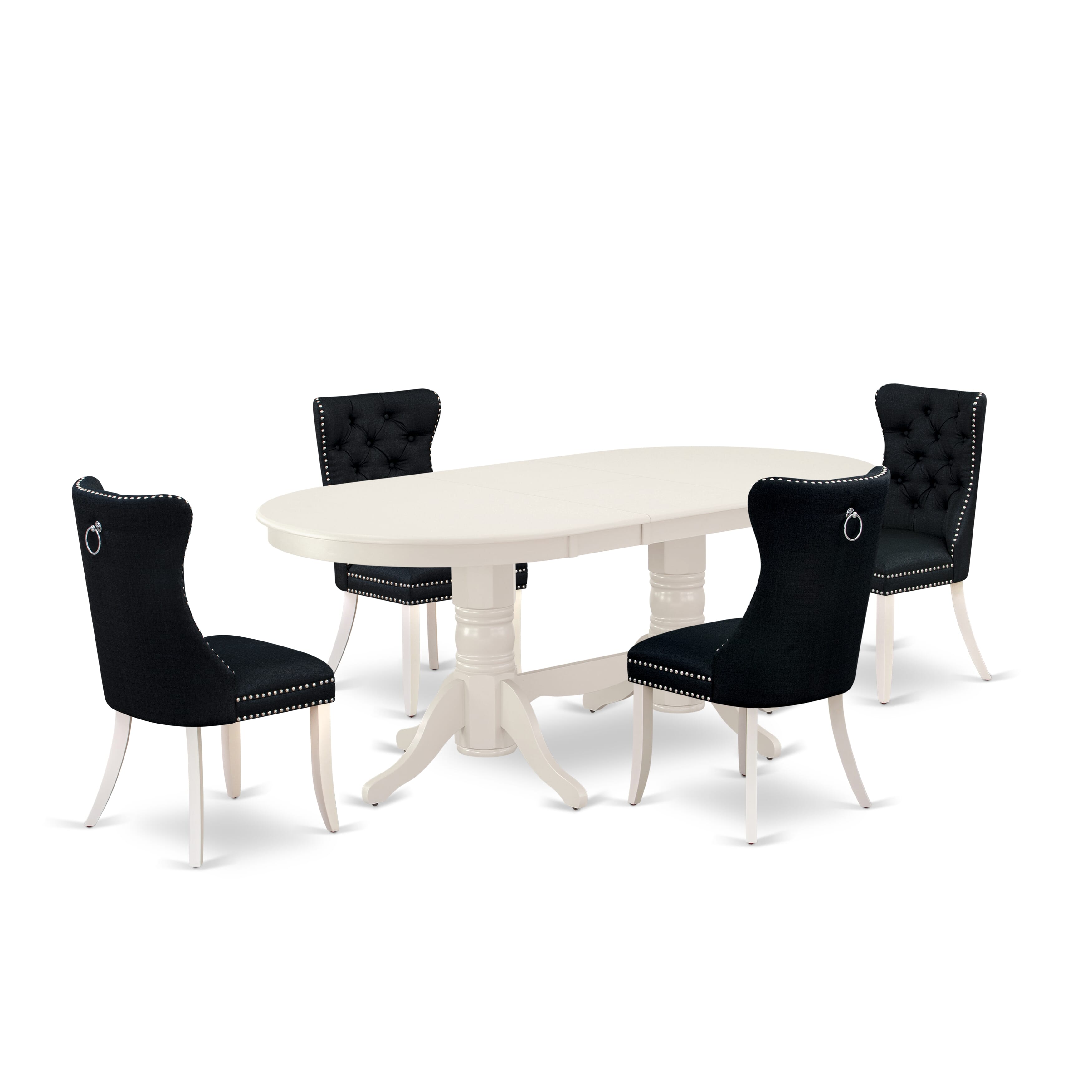 East West Furniture VADA5-LWH-24 5 Piece Kitchen Table Set Contains an Oval Dining Table with Removable leaf and 4 Upholstered Chairs, 40x76 Inch, linen white