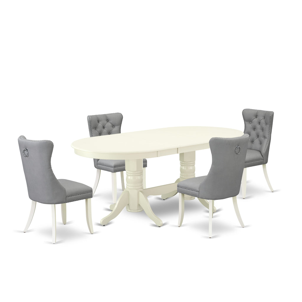 East West Furniture VADA5-LWH-27 5 Piece Kitchen Table Set Includes an Oval Dining Table with Removable leaf and 4 Upholstered Chairs, 40x76 Inch, linen white