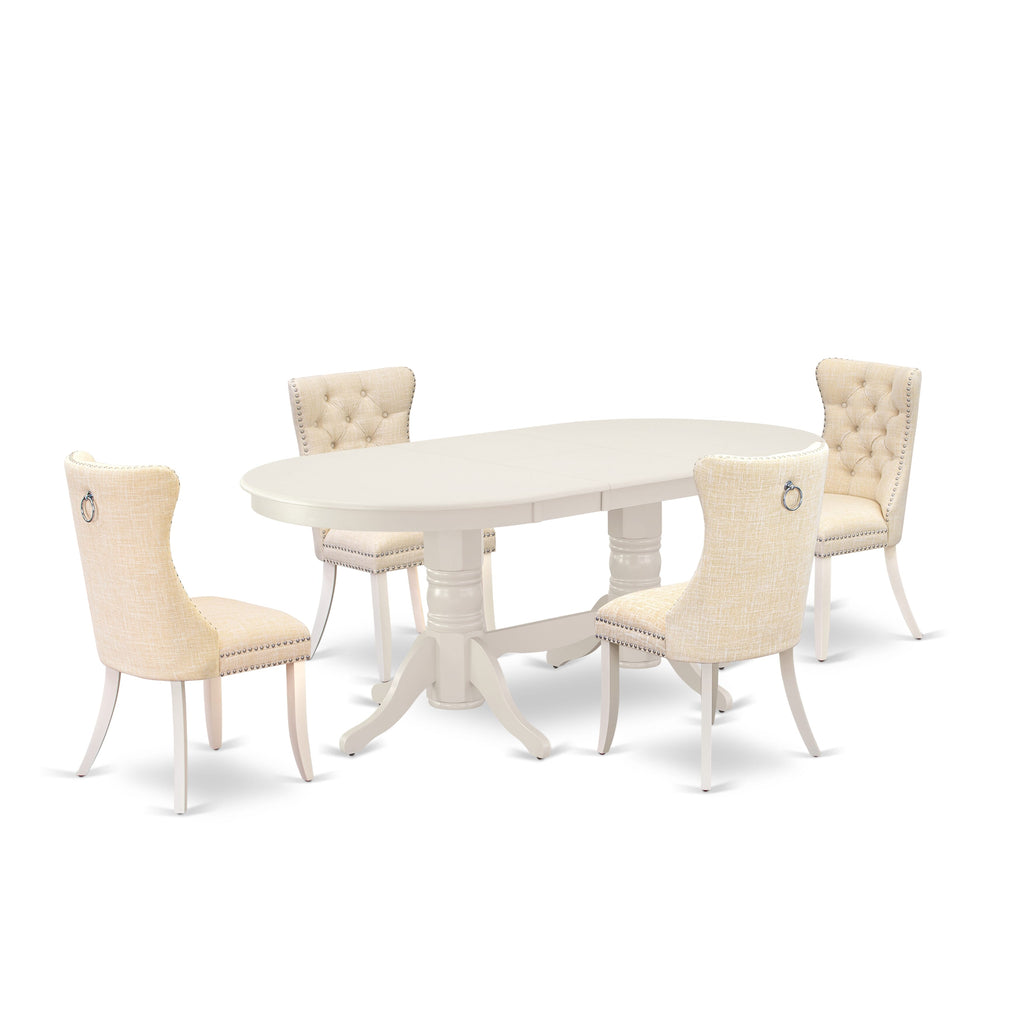East West Furniture VADA5-LWH-32 5 Piece Dinette Set Includes an Oval Dining Table with Removable leaf and 4 Padded Chairs, 40x76 Inch, linen white