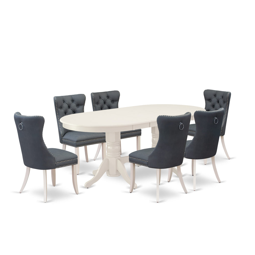 East West Furniture VADA7-LWH-13 7 Piece Dining Room Table Set Contains an Oval Kitchen Table with Removable leaf and 6 Upholstered Parson Chairs, 40x76 Inch, linen white