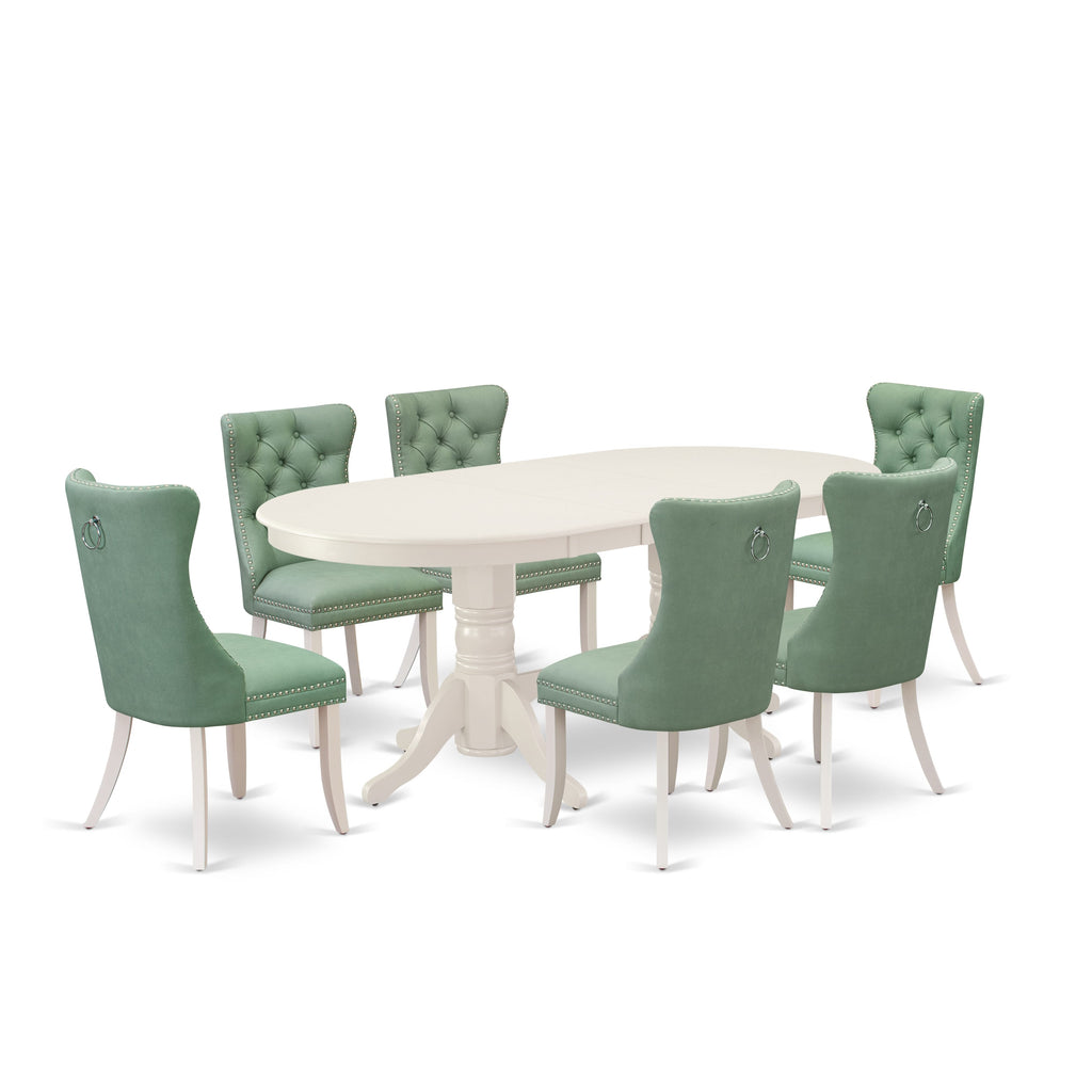 East West Furniture VADA7-LWH-22 7 Piece Kitchen Table Set Includes an Oval Dining Table with Removable leaf and 6 Upholstered Parson Chairs, 40x76 Inch, linen white