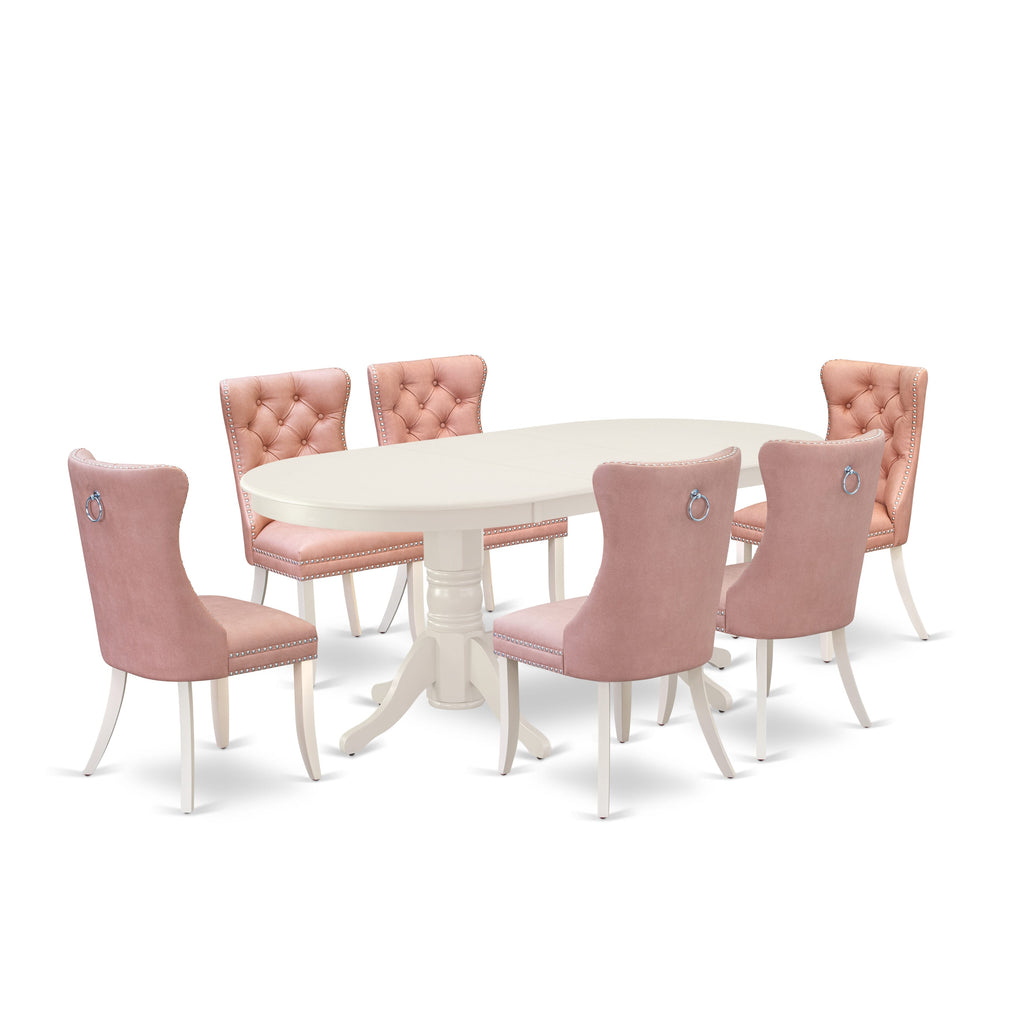 East West Furniture VADA7-LWH-23 7 Piece Dinette Set Contains an Oval Dining Table with Removable leaf and 6 Upholstered Parson Chairs, 40x76 Inch, linen white