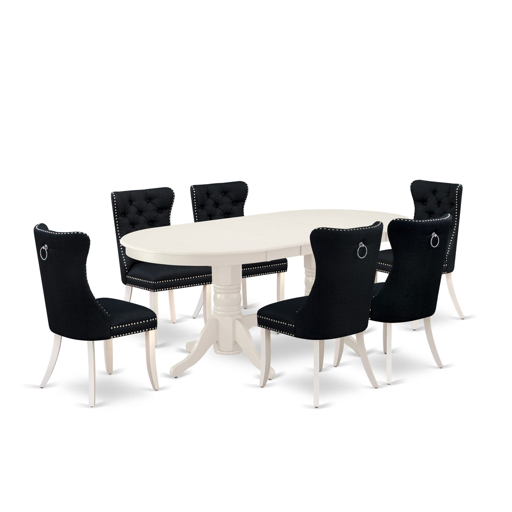East West Furniture VADA7-LWH-24 7 Piece Kitchen Table Set Contains an Oval Dining Table with Removable leaf and 6 Padded Chairs, 40x76 Inch, linen white