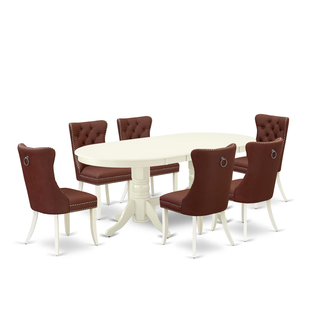 East West Furniture VADA7-LWH-26 7 Piece Dining Set Includes an Oval Kitchen Table with Removable leaf and 6 Upholstered Parson Chairs, 40x76 Inch, linen white