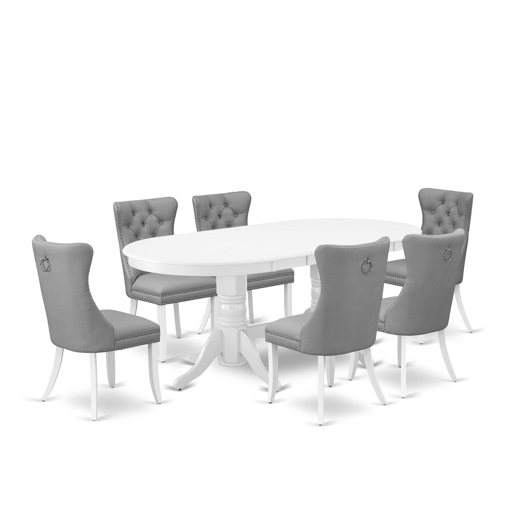 East West Furniture VADA7-LWH-27 7 Piece Kitchen Table Set Consists of an Oval Dining Table with Removable leaf and 6 Upholstered Chairs, 40x76 Inch, linen white