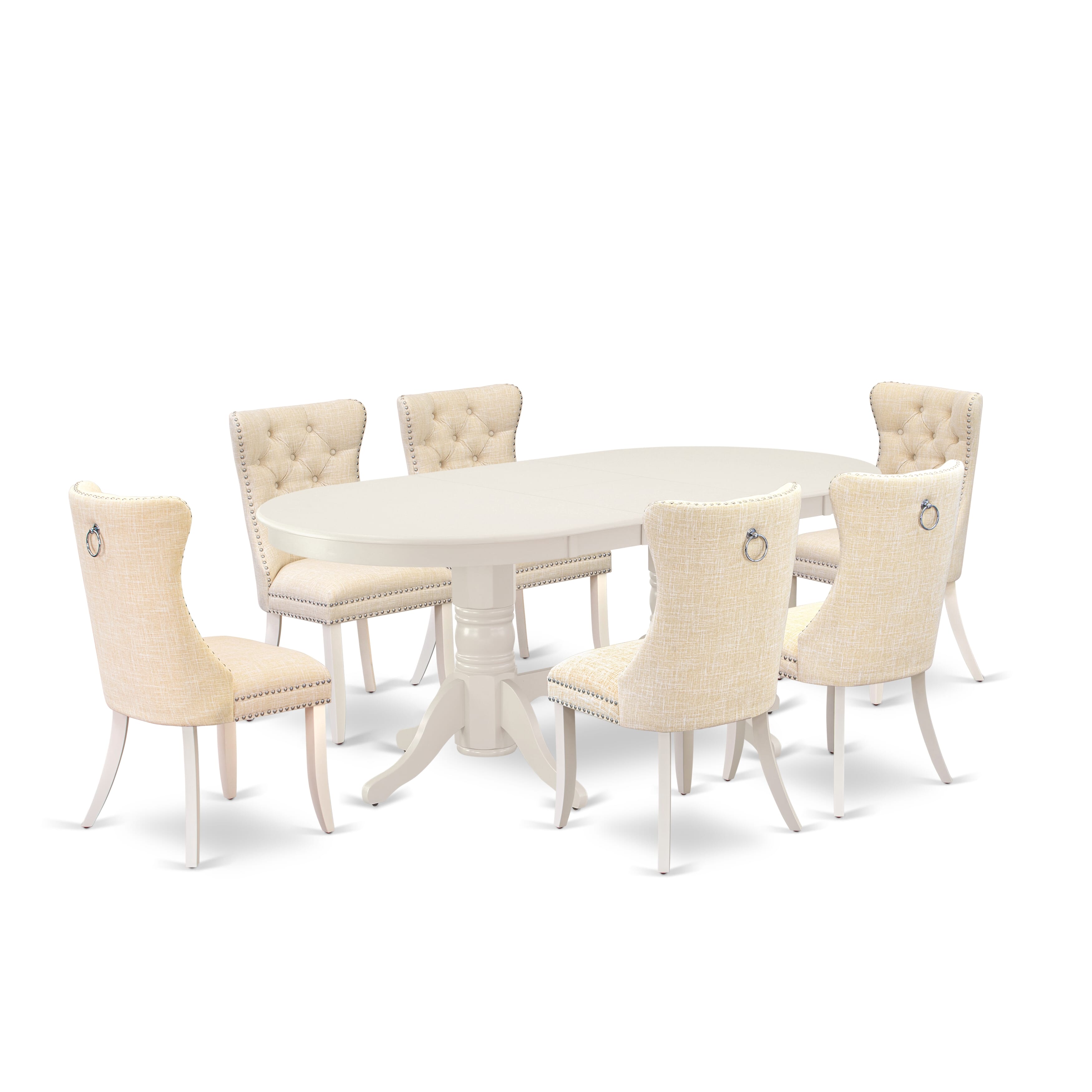 East West Furniture VADA7-LWH-32 7 Piece Dining Table Set Includes an Oval Kitchen Table with Removable leaf and 6 Upholstered Chairs, 40x76 Inch, linen white