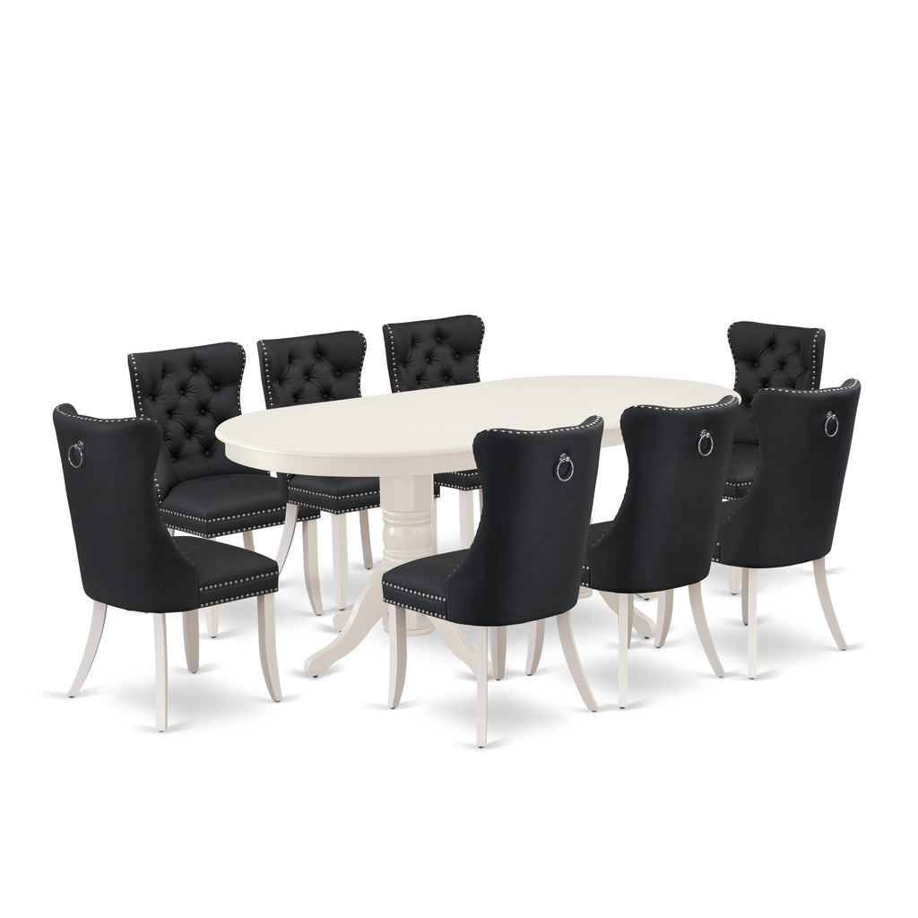 East West Furniture VADA9-LWH-12 9 Piece Dinette Set Includes an Oval Dining Table with Removable leaf and 8 Upholstered Parson Chairs, 40x76 Inch, linen white