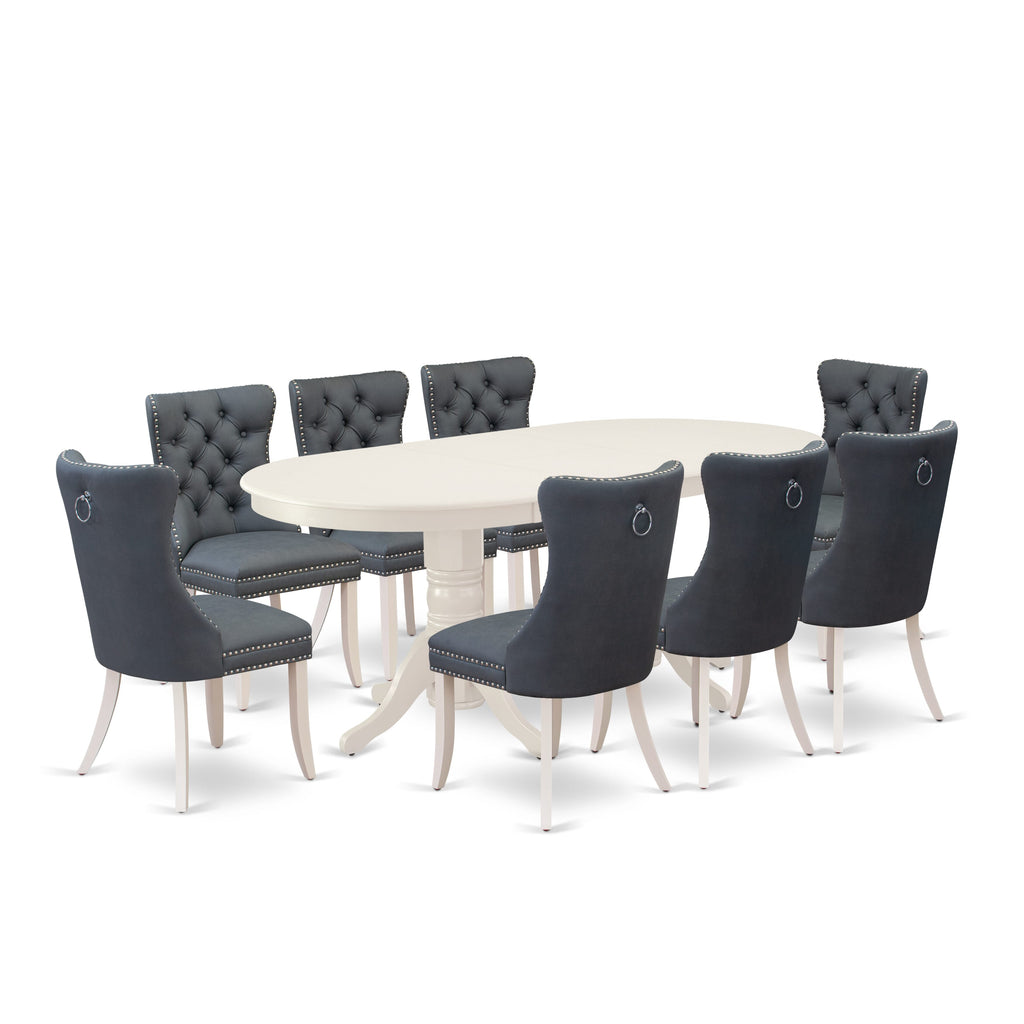 East West Furniture VADA9-LWH-13 9 Piece Dining Room Furniture Set Consists of an Oval Dining Table with Removable leaf and 8 Upholstered Chairs, 40x76 Inch, linen white