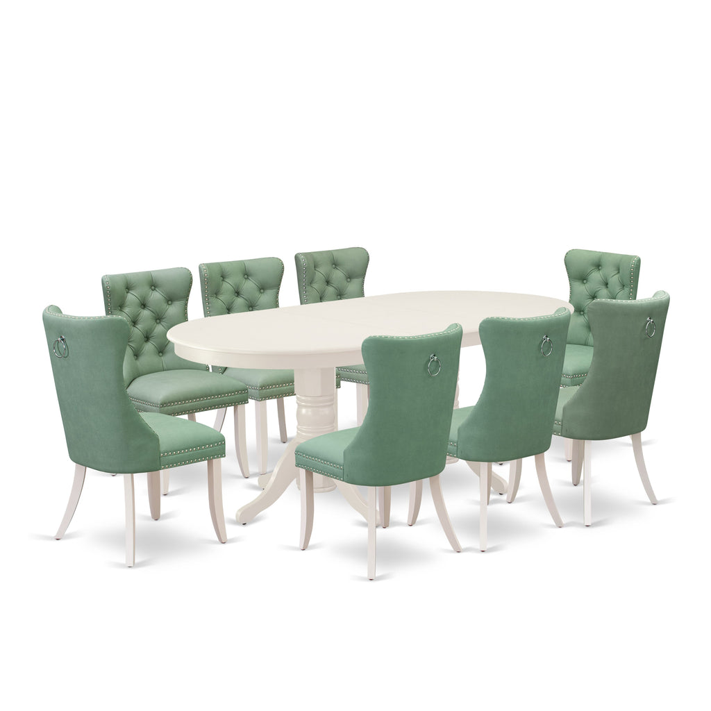 East West Furniture VADA9-LWH-22 9 Piece Dining Room Set Contains an Oval Kitchen Table with Removable leaf and 8 Upholstered Parson Chairs, 40x76 Inch, linen white
