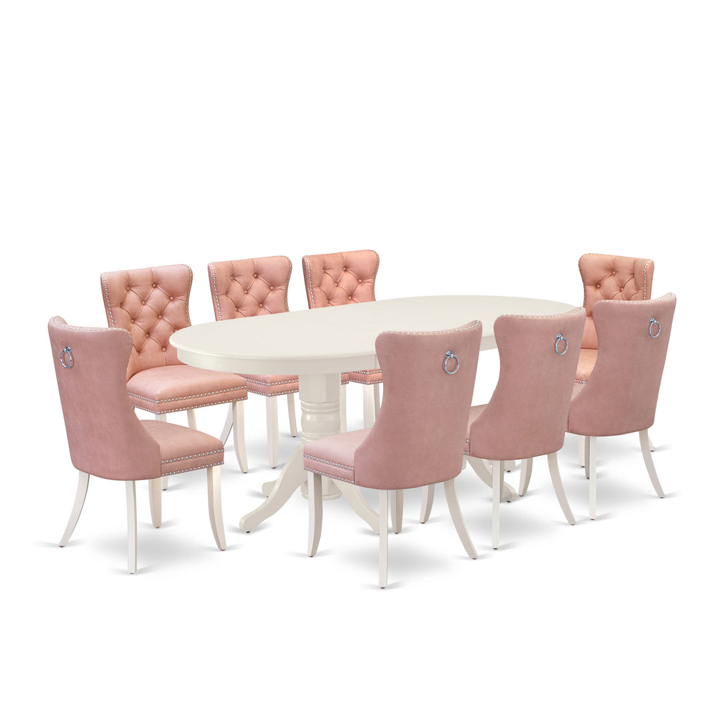 East West Furniture VADA9-LWH-23 9 Piece Modern Dining Table Set Consists of an Oval Kitchen Table with Removable leaf and 8 Upholstered Chairs, 40x76 Inch, linen white